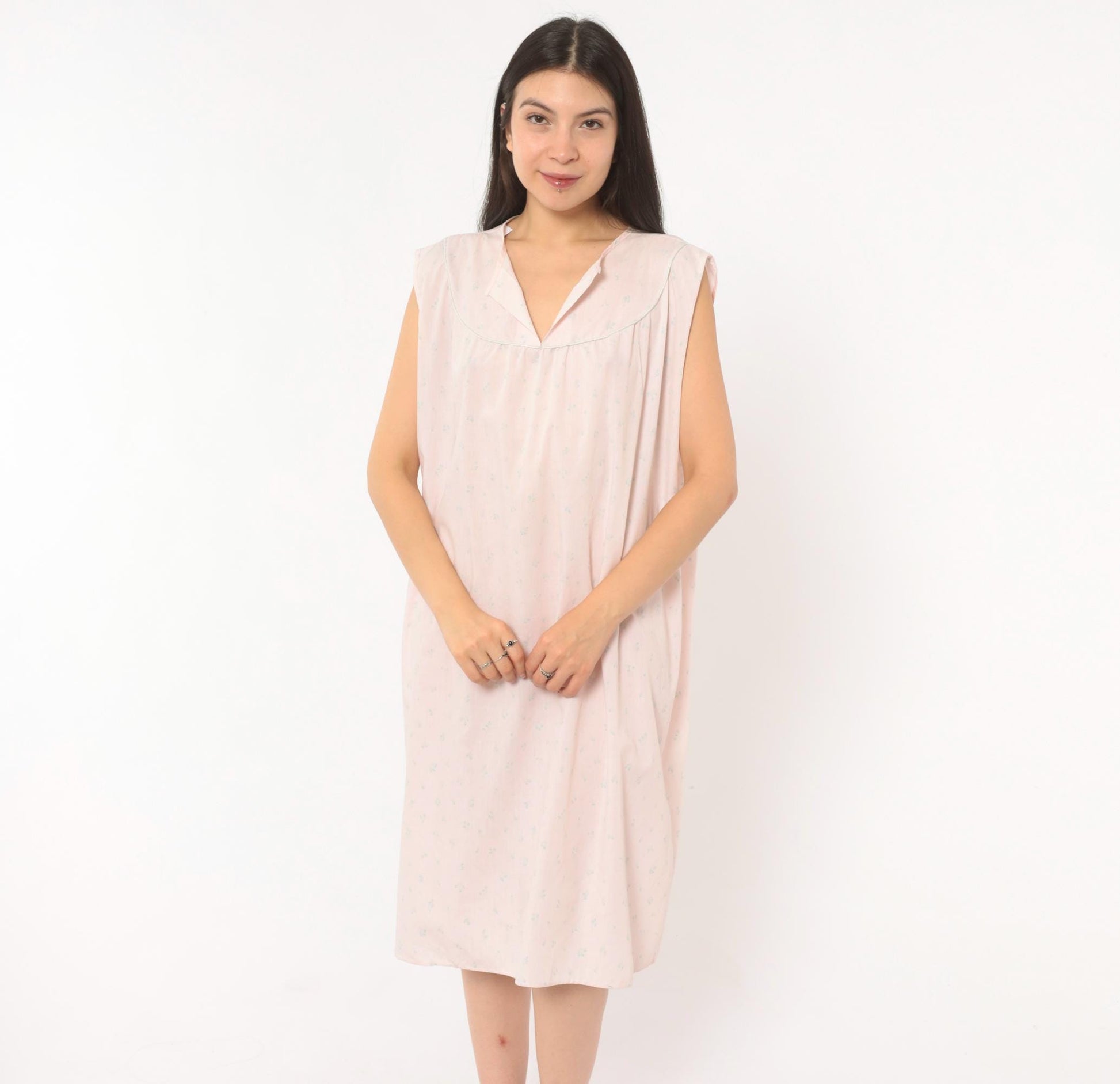 80s Pink Floral Sleeveless Nightgown Cotton V-Neck Knee-Length Extra Large