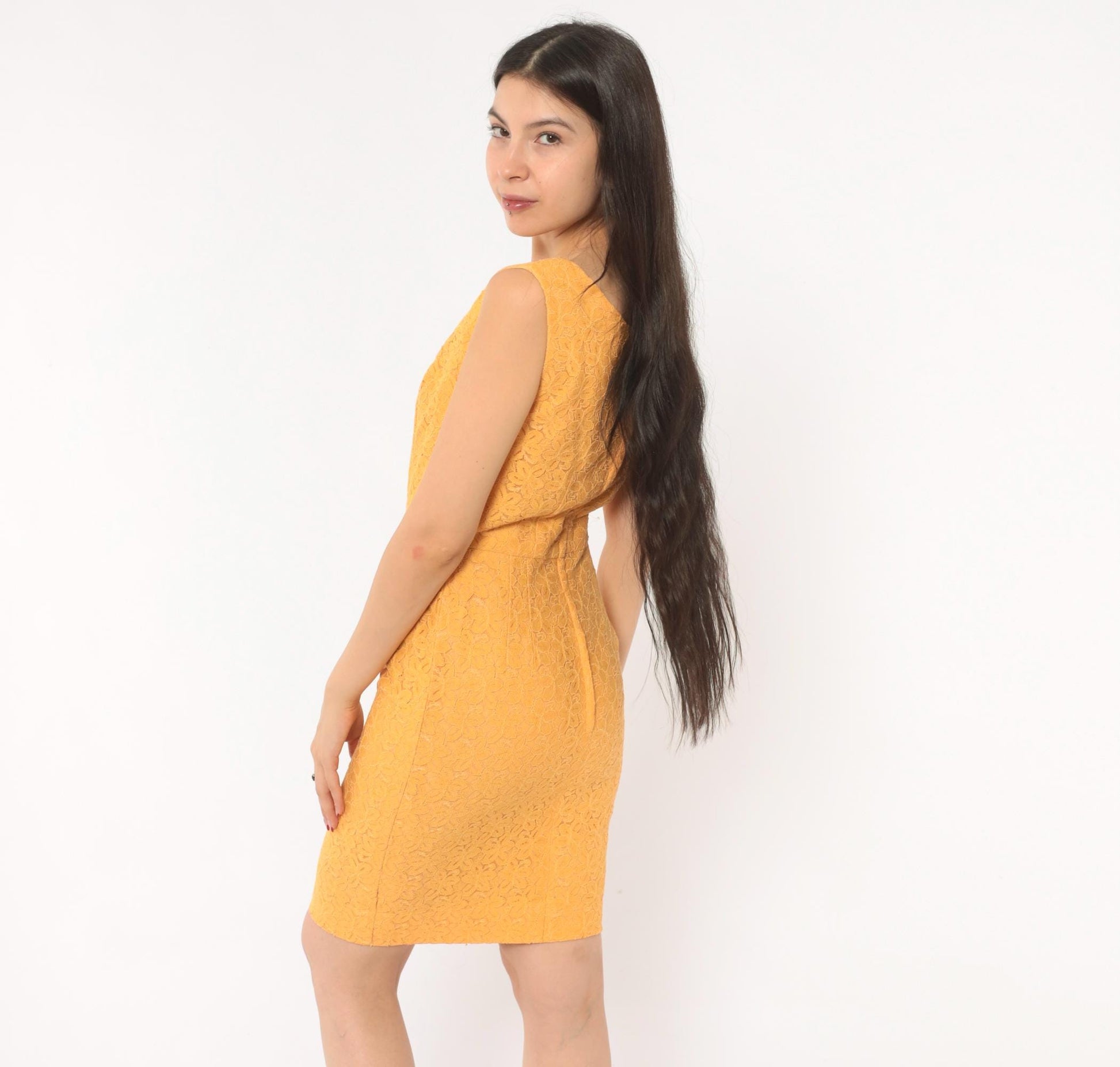 60s Golden Orange Lace Sheath Dress Boat Neck Sleeveless Knee Length Small