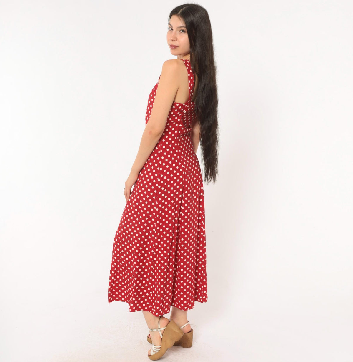 90s Gaccina Red White Polka Dot Midi Sundress Sweetheart Neckline Extra Small XS