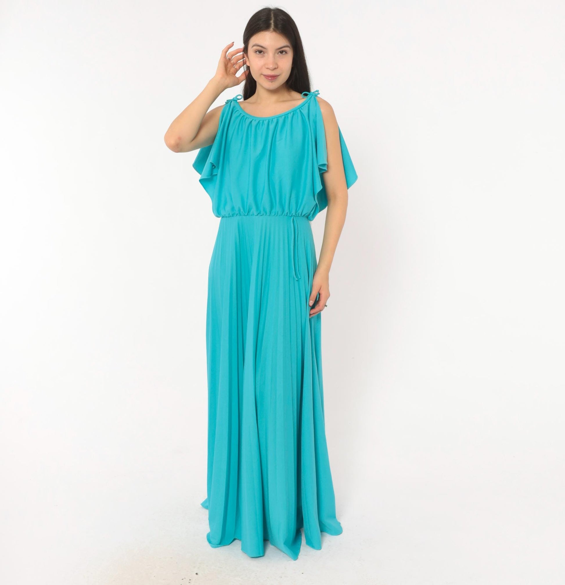 70s Turquoise Maxi Dress Cold Shoulder Flutter Sleeve Blouson Bodice Medium