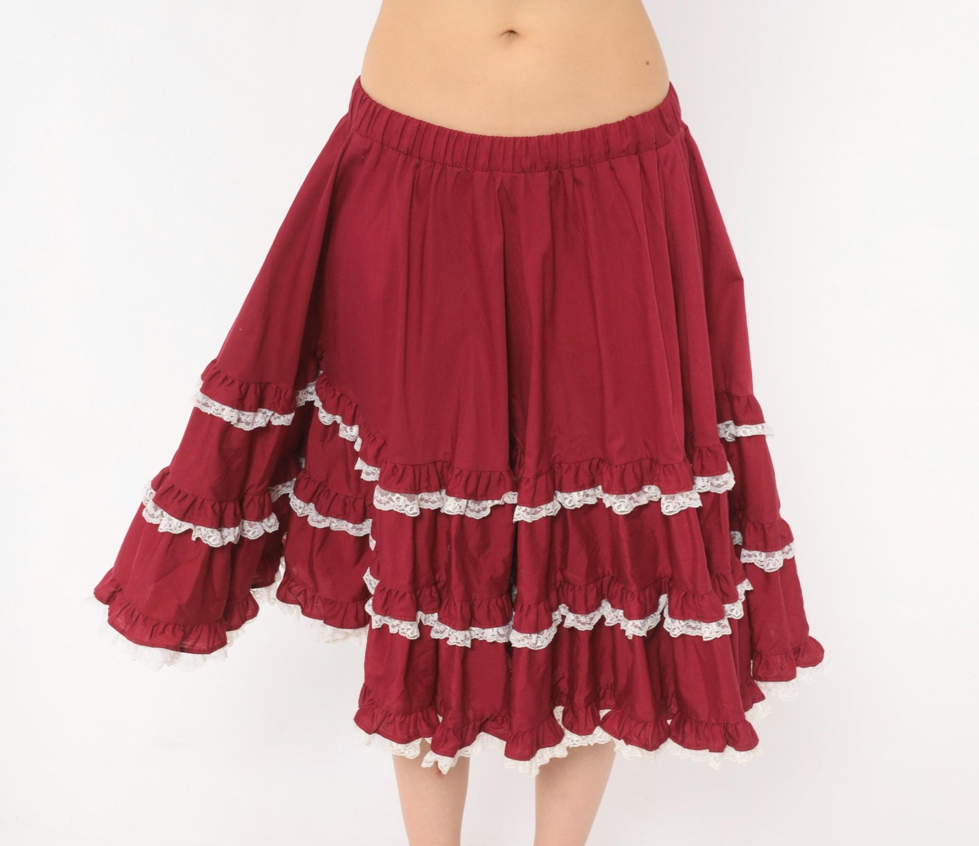 80s Burgundy Tiered Prairie Skirt Cotton Lace Trim Full Circle Medium Large