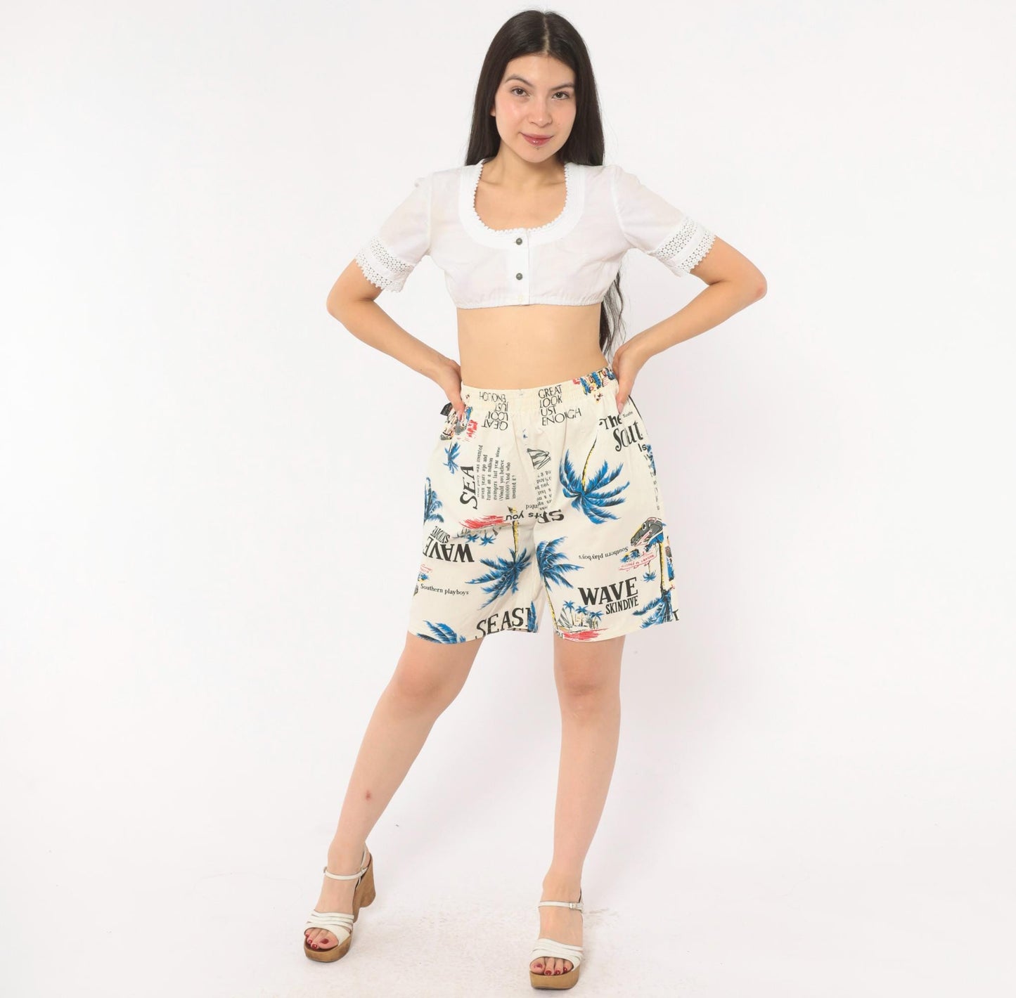 80s Altess Tropical Print Shorts Palm Tree Graphic Cream Blue Medium