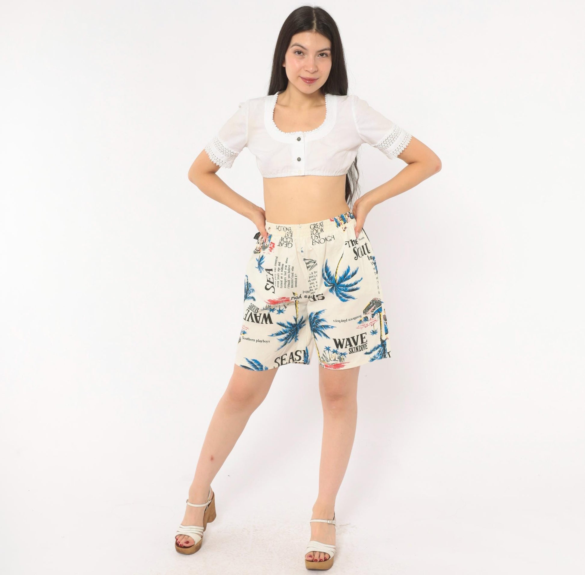 80s Altess Tropical Print Shorts Palm Tree Graphic Cream Blue Medium