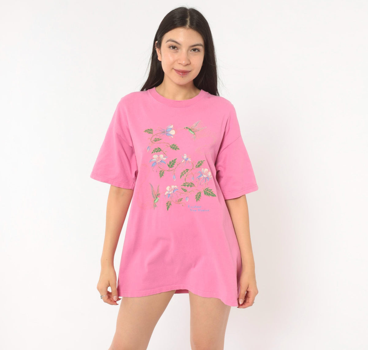 2000s Sportex Hummingbird Floral Graphic Tee Pink Cotton Ruidoso New Mexico Large L