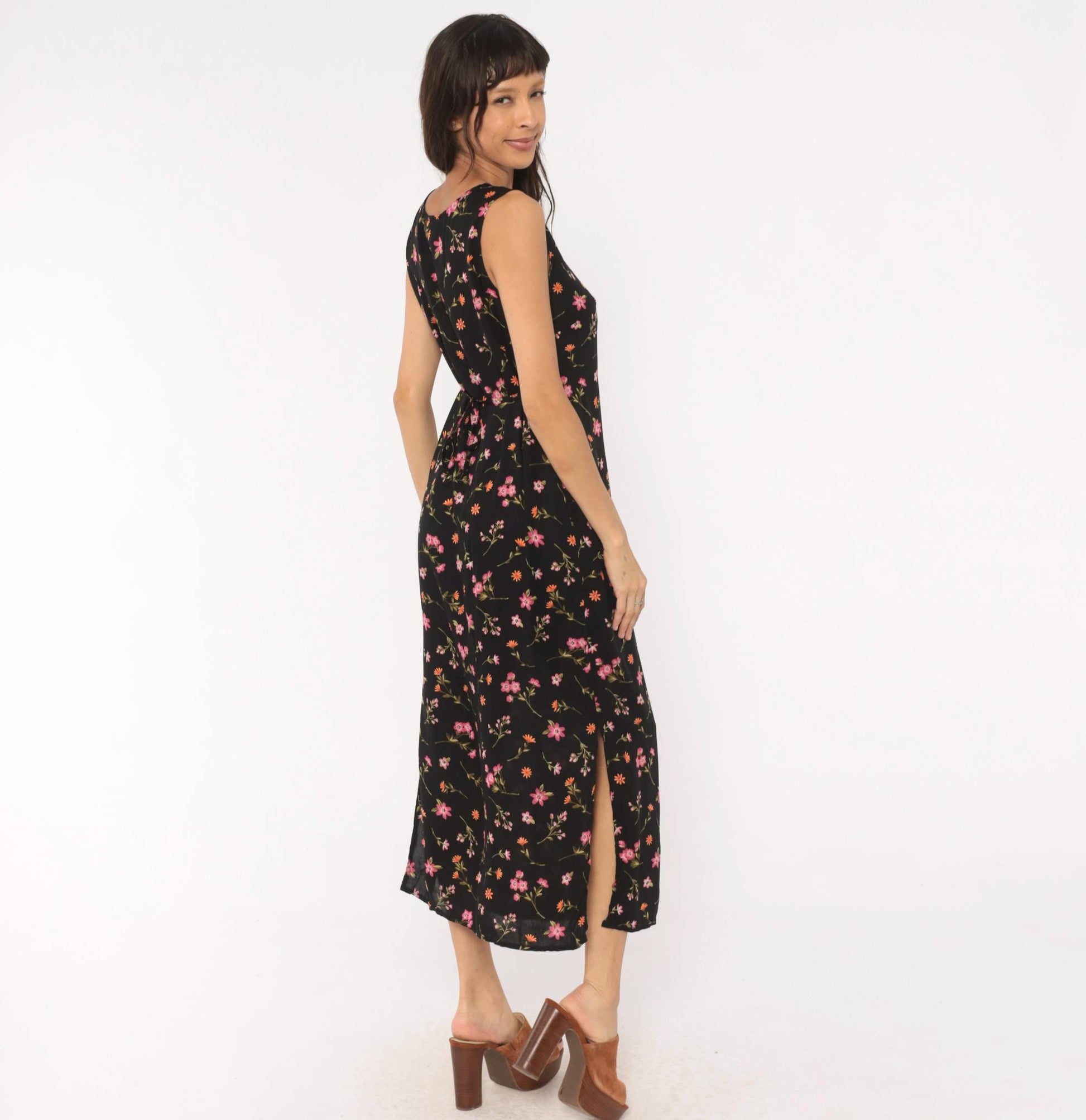 90s Casual Corner Annex Black Floral Maxi Dress Sleeveless Small