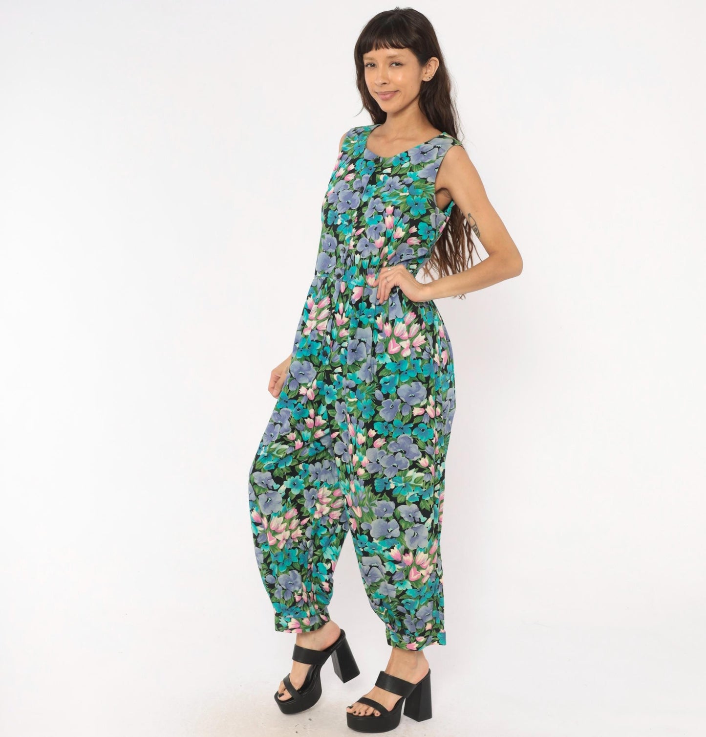 90s Maggie Breen Floral Jumpsuit Sleeveless Cotton Wide Leg Black Garden Print Medium
