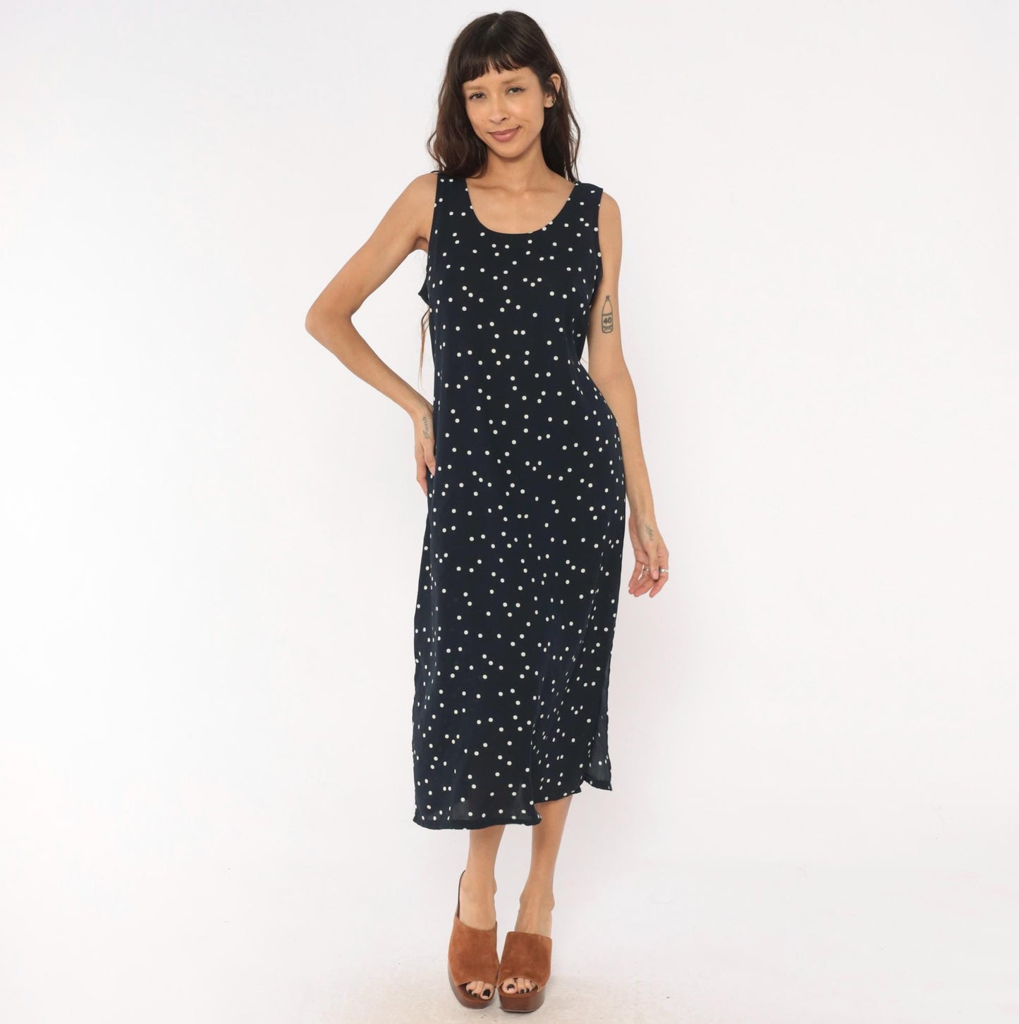 90s Navy Polka Dot Midi Dress Sleeveless Scoop Neck White Spotted Medium