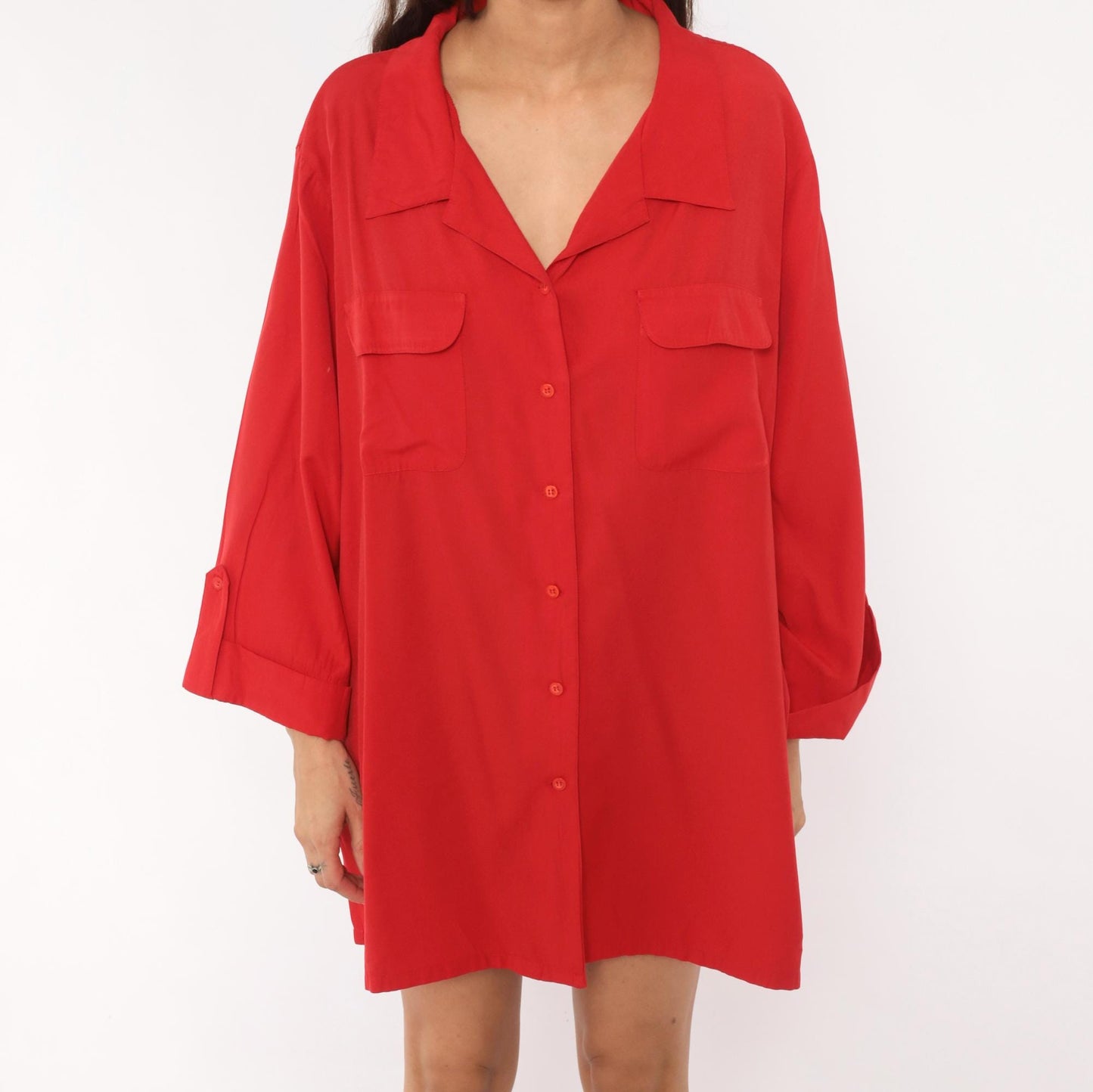 90s Carolina Colours Plus Red Camp Collar Shirt Dress Mini XXL