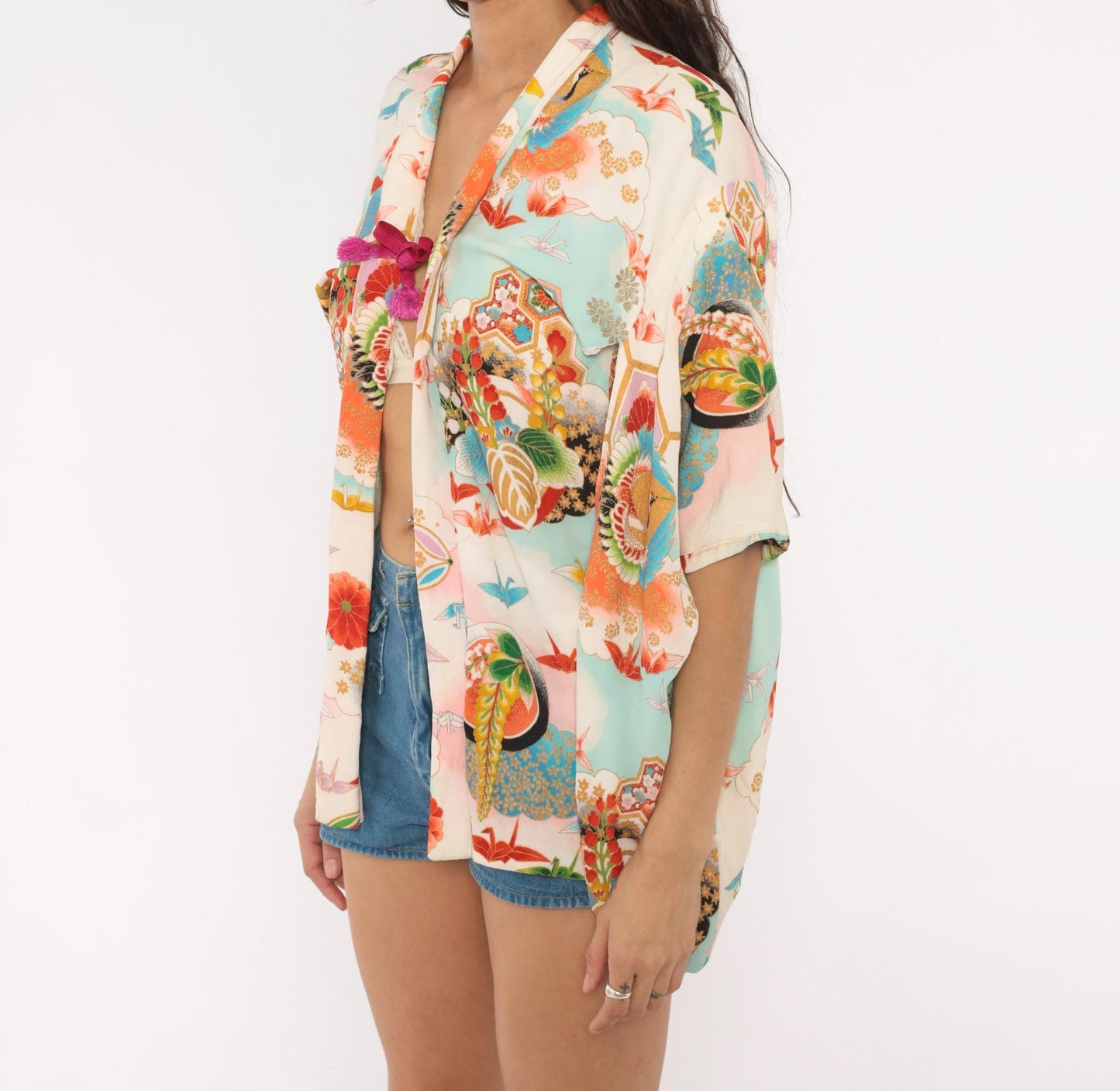 70s Japanese Kimono Jacket Origami Crane Floral Wrap Sky Blue Small S