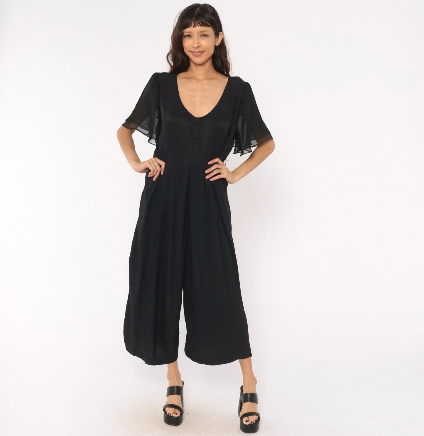 90s Jaffery & Dane Black Jumpsuit Flutter Sleeve Wide Leg Pleated Waist Large L