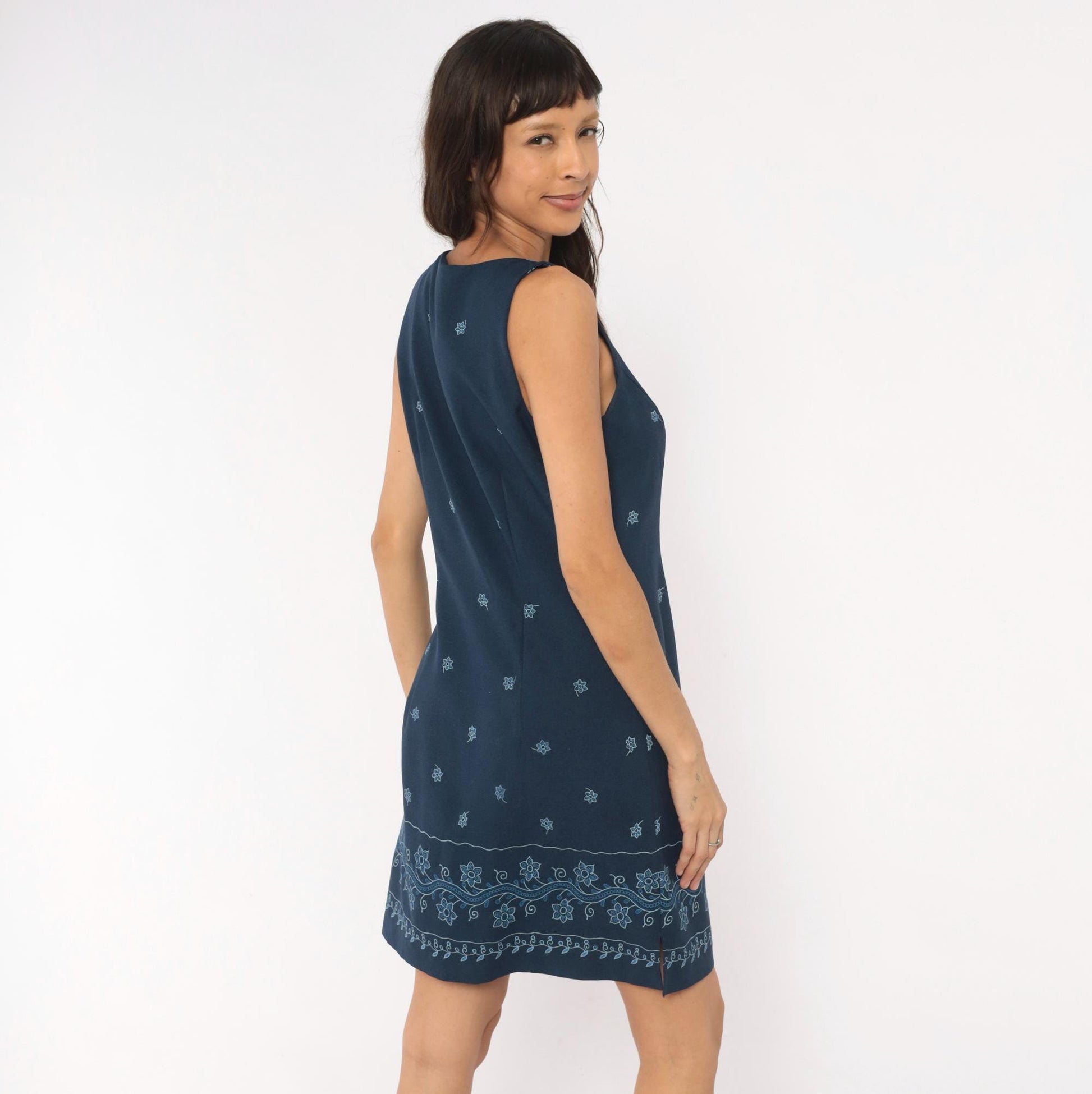 90s DBY Navy Shift Dress Embroidered Floral Border Sleeveless Medium M