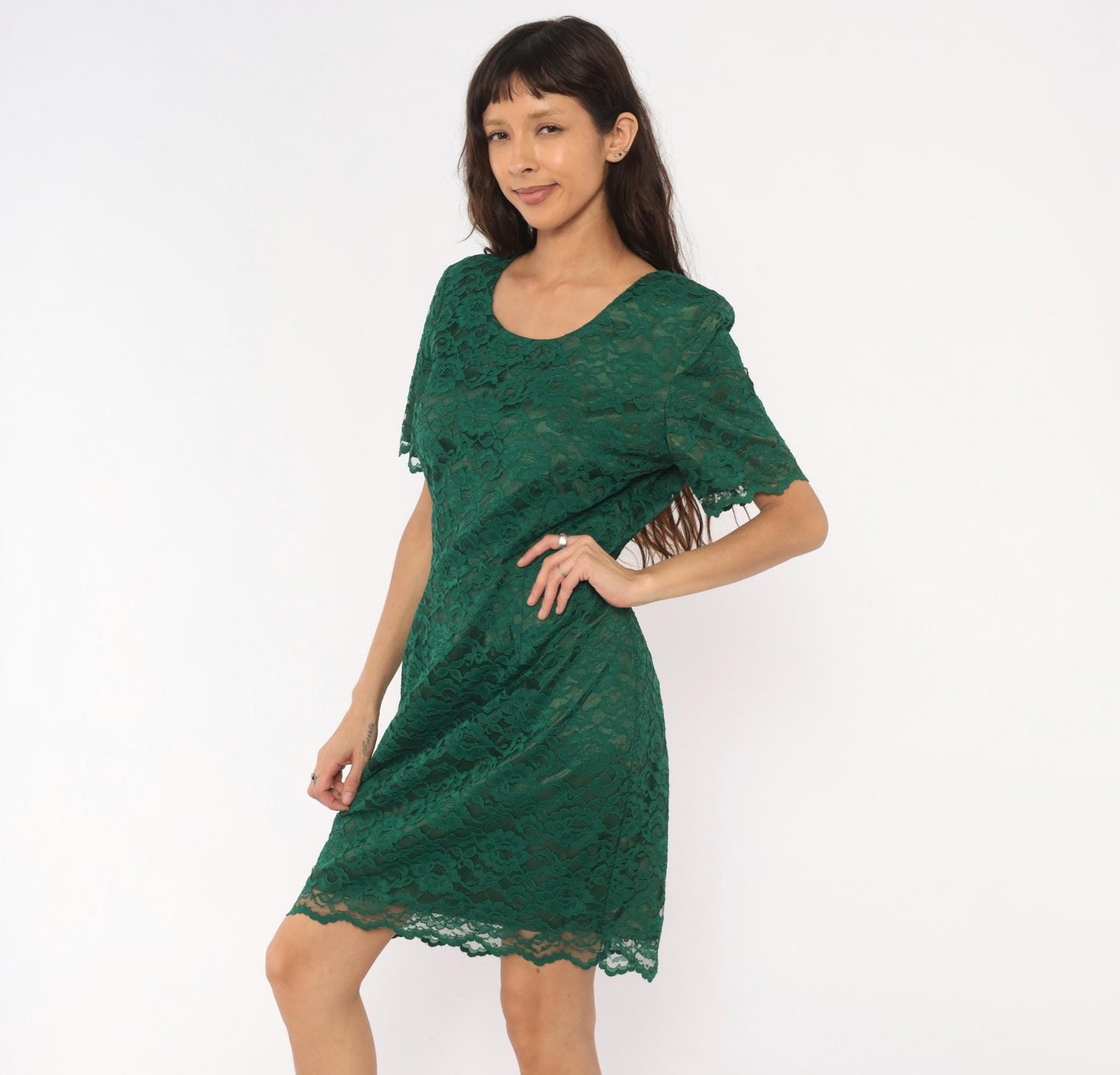 90s My Michelle Emerald Lace Dress Scalloped Short Sleeve Floral Overlay Large L