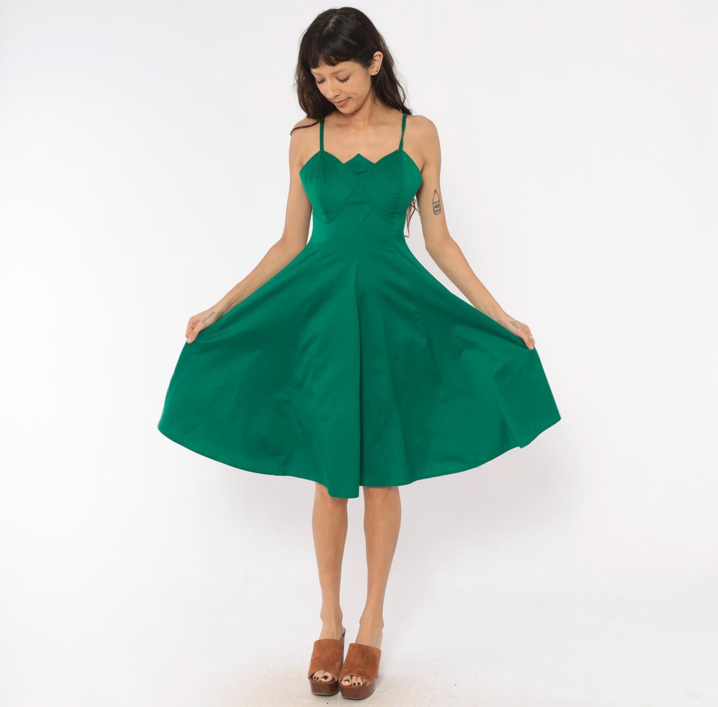 90s Emerald Bustier Sundress Sweetheart Neckline Cotton Spaghetti Strap Small