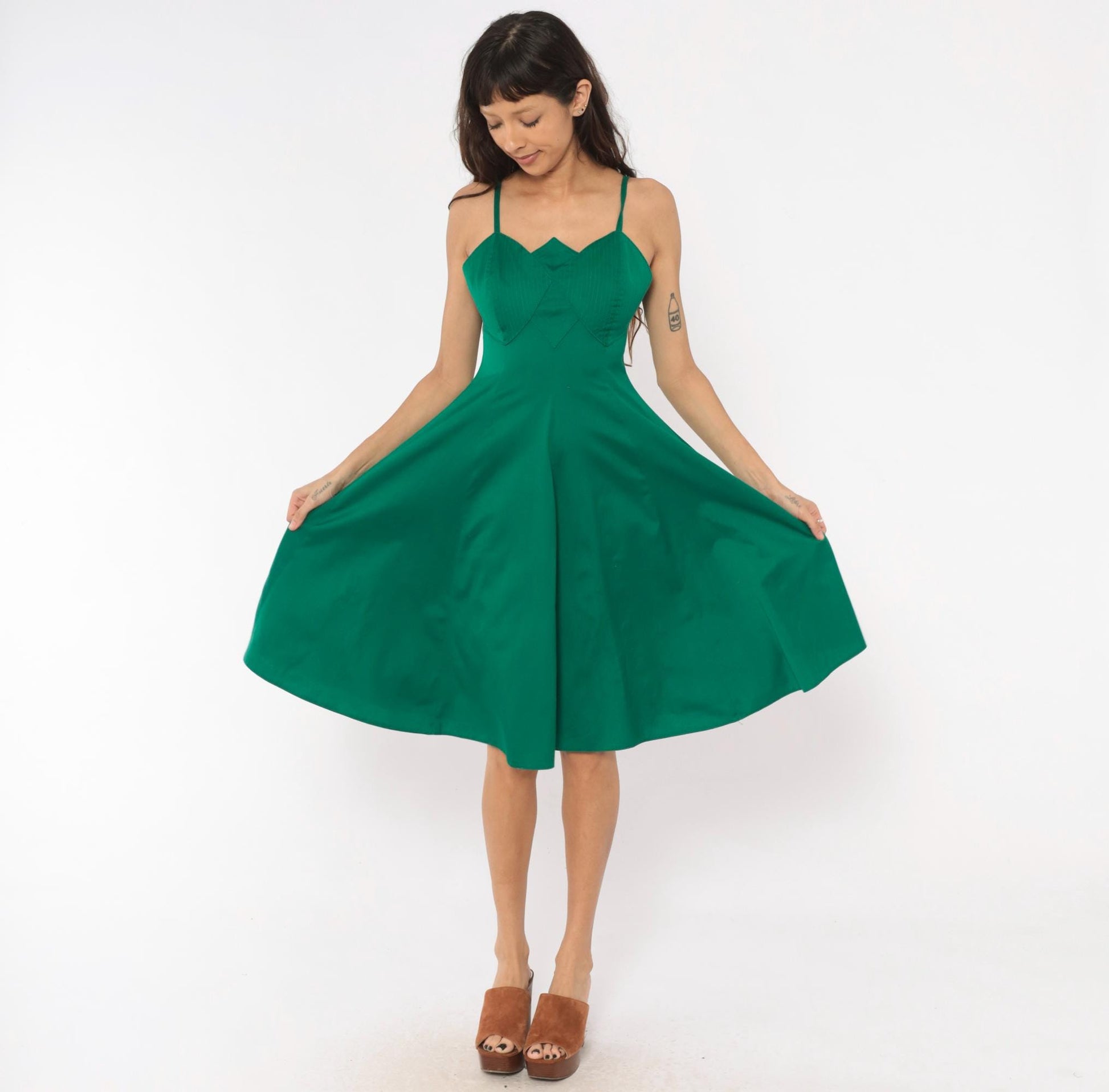 90s Emerald Bustier Sundress Sweetheart Neckline Cotton Spaghetti Strap Small