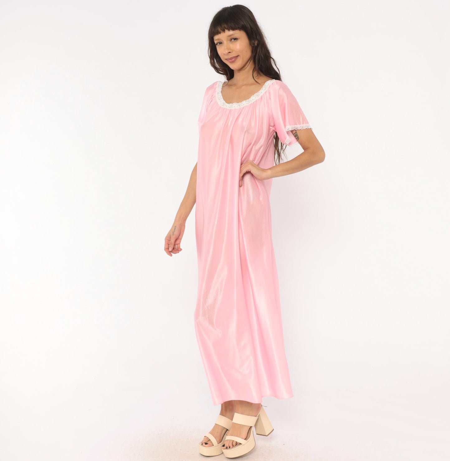 80s Private Moments Pink Maxi Nightgown Lace Trim Flutter Sleeve One Size