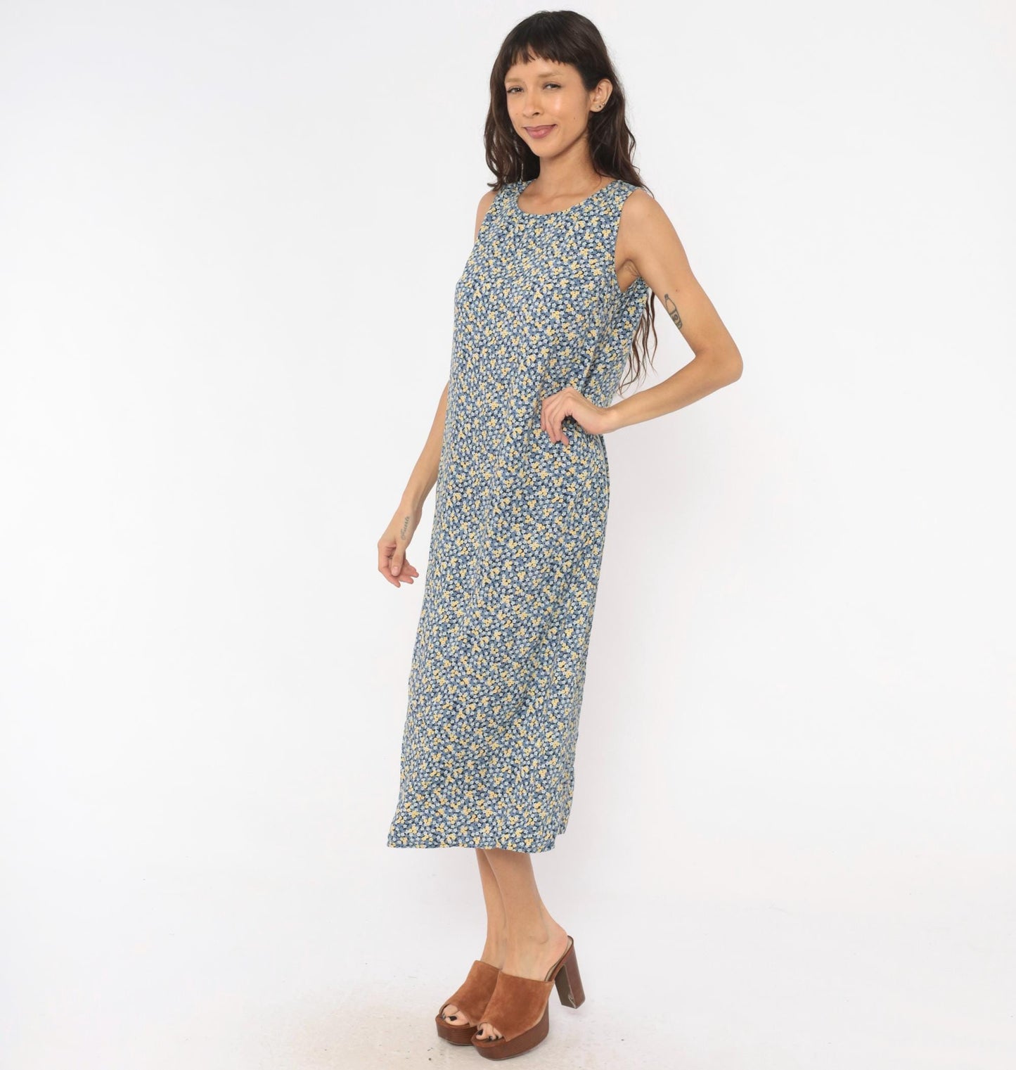 90s Studio Ease Ditsy Floral Midi Dress Navy Blue Yellow Sleeveless Petite Medium