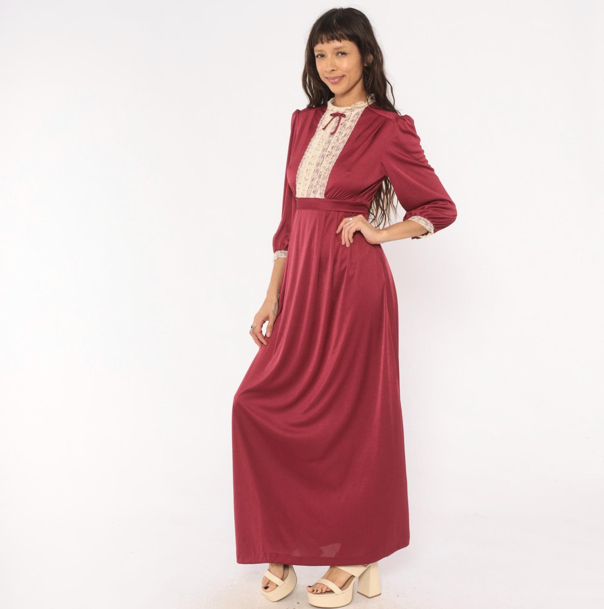 70s Burgundy Lace Bib Maxi Dress Puff Sleeve High Neck Ribbon Bow Extra Small