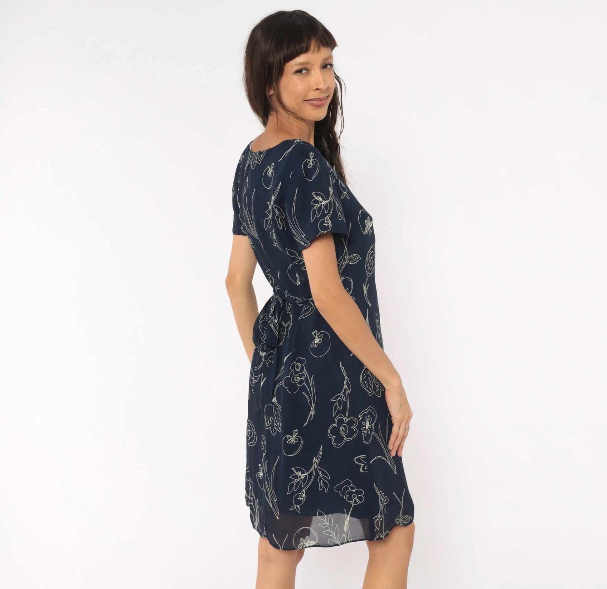 90s Talbots Navy Botanical Line Drawing Knee Dress White Floral Scoop Neck Large L