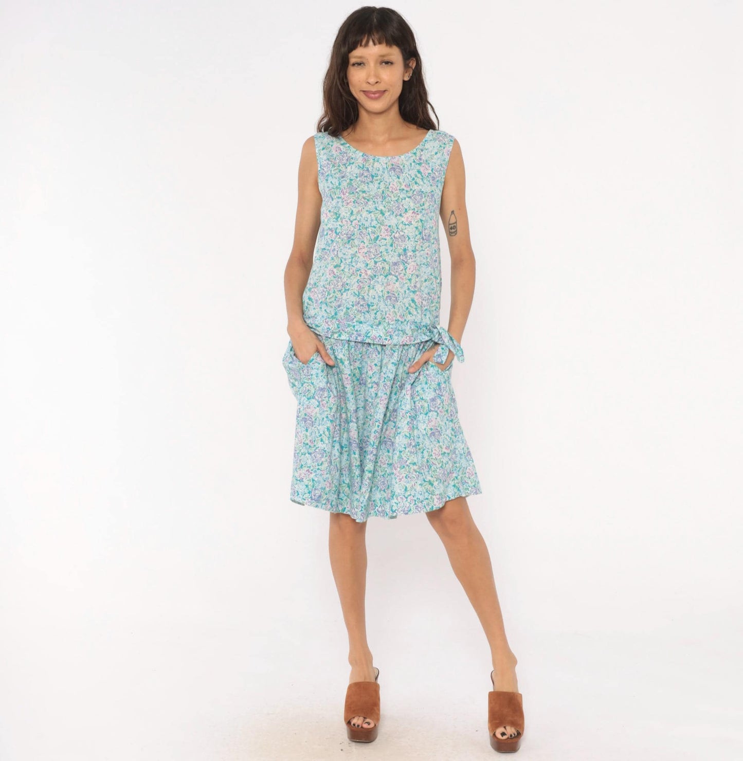 90s Laura Ashley Floral Cotton Sundress Drop Waist Knee-Length Small