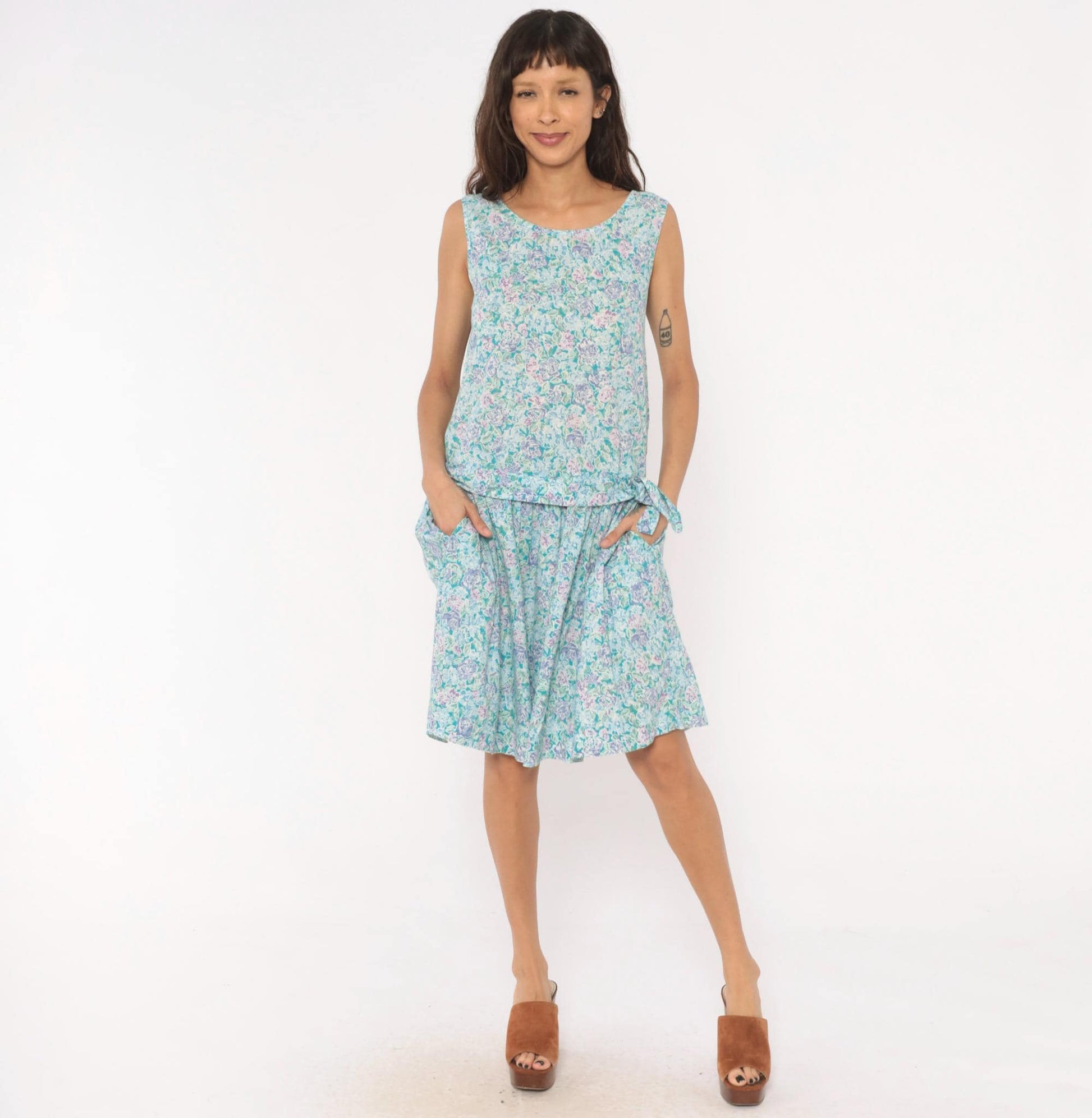 90s Laura Ashley Floral Cotton Sundress Drop Waist Knee-Length Small