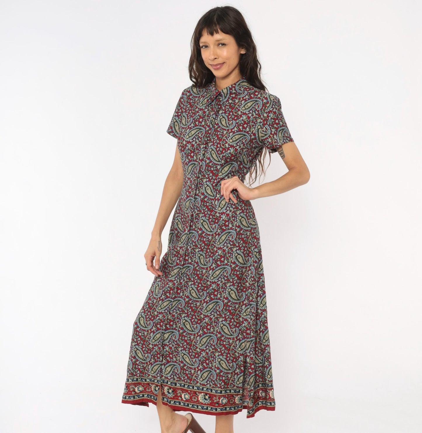 90s Crazy Horse Paisley Maxi Shirtdress Burgundy Small S