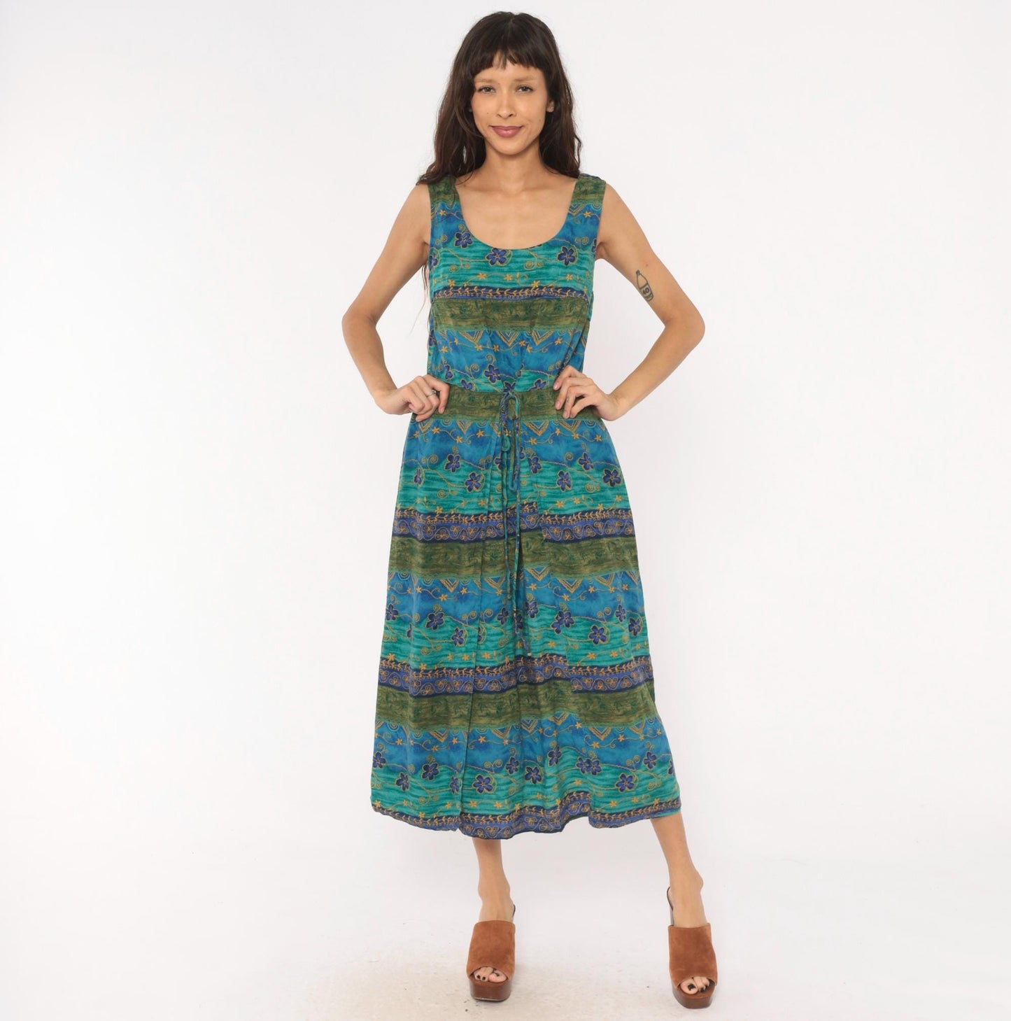 90s Tribal Floral Midi Dress Teal Blue Green Gold Tie Waist Tank Medium M