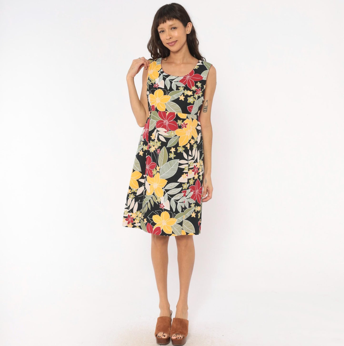 Y2K Erika Dresses Tropical Floral Sundress Black Red Yellow Knee-Length Large L