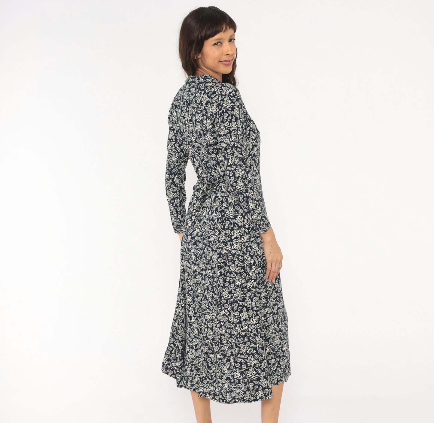 90s Two Twenty Floral Button Front Midi Dress Navy Cream Rose Print Medium M
