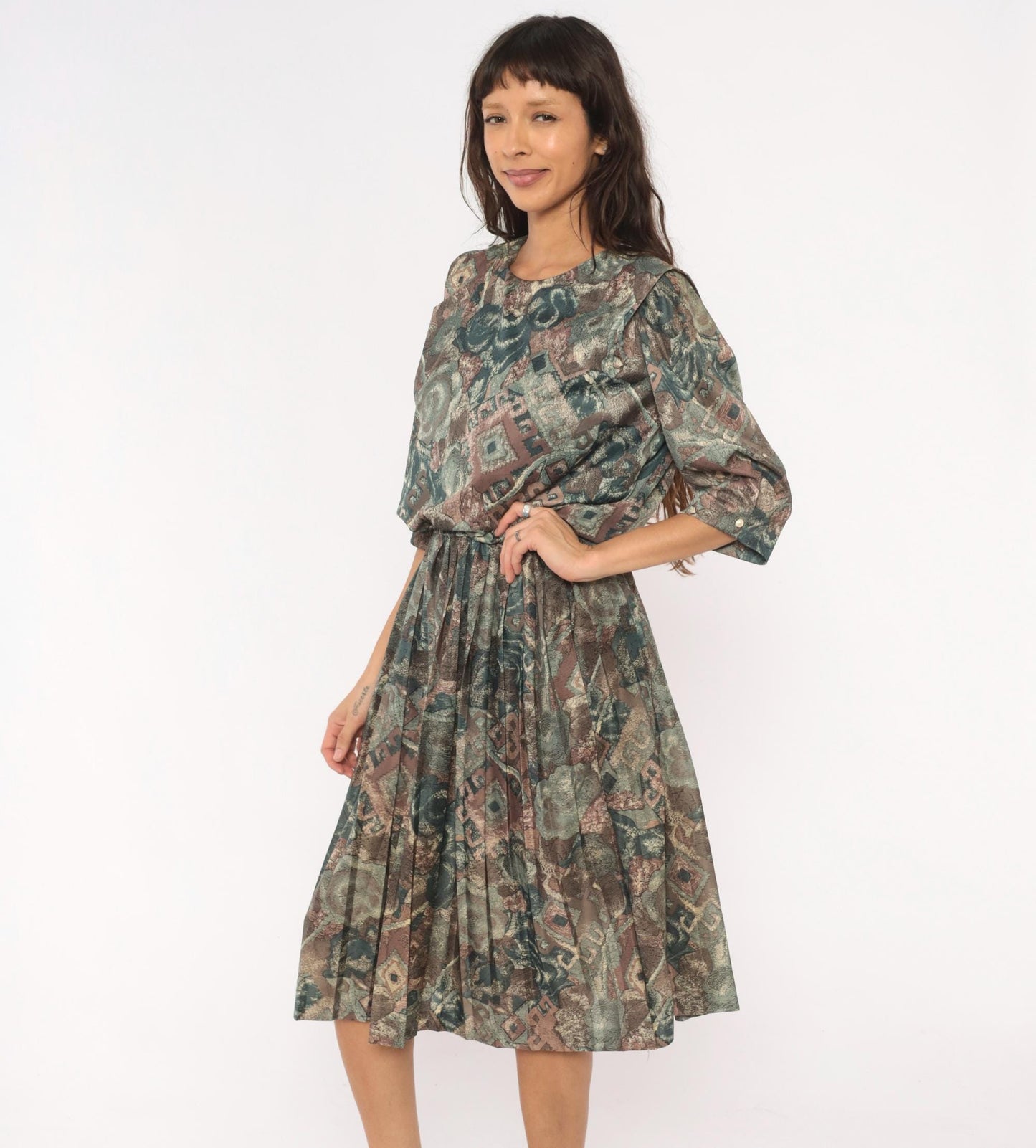 80s M.C.S.Ltd. Abstract Floral Patchwork Dress Puff Sleeve Pleated Knee Teal Medium Large