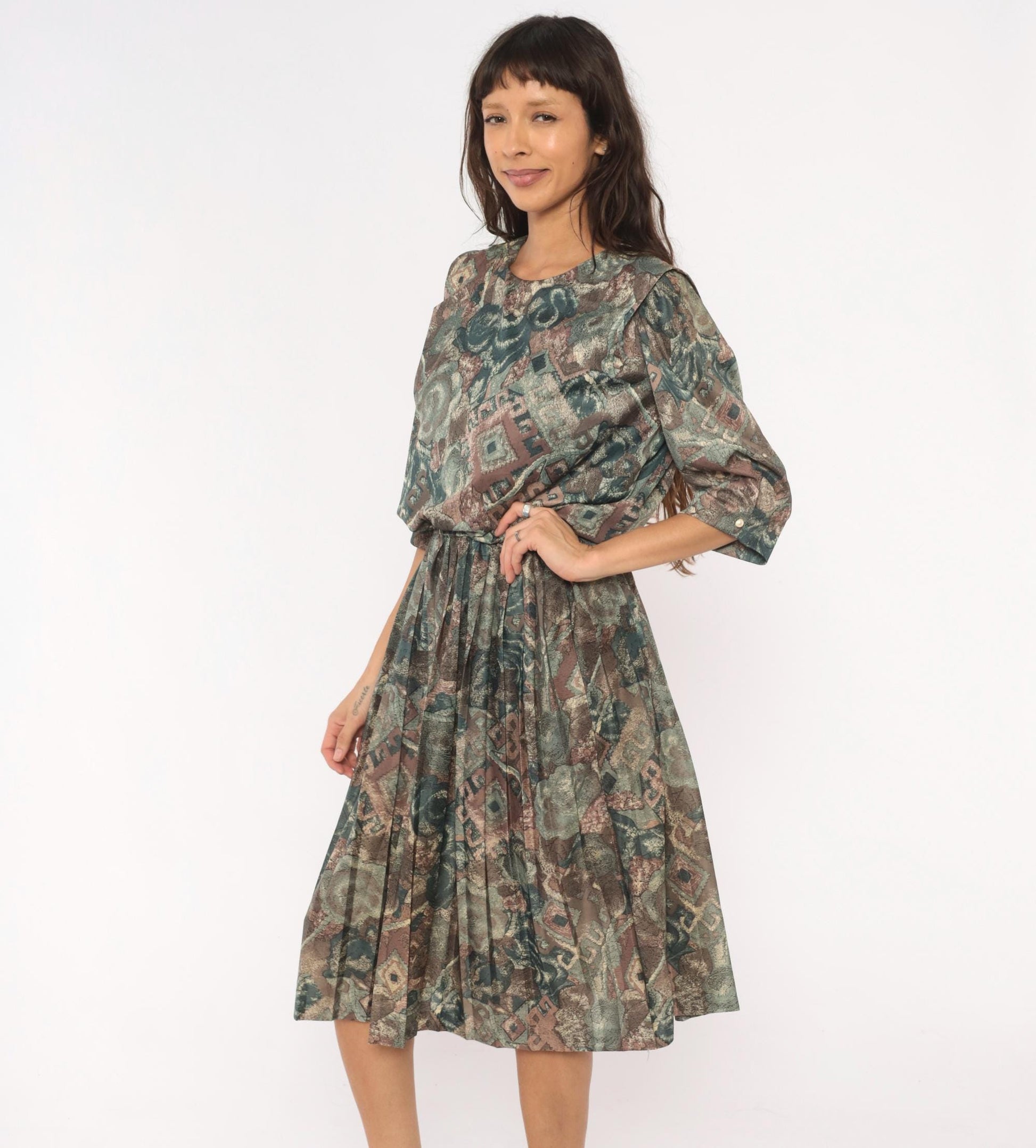 80s M.C.S.Ltd. Abstract Floral Patchwork Dress Puff Sleeve Pleated Knee Teal Medium Large