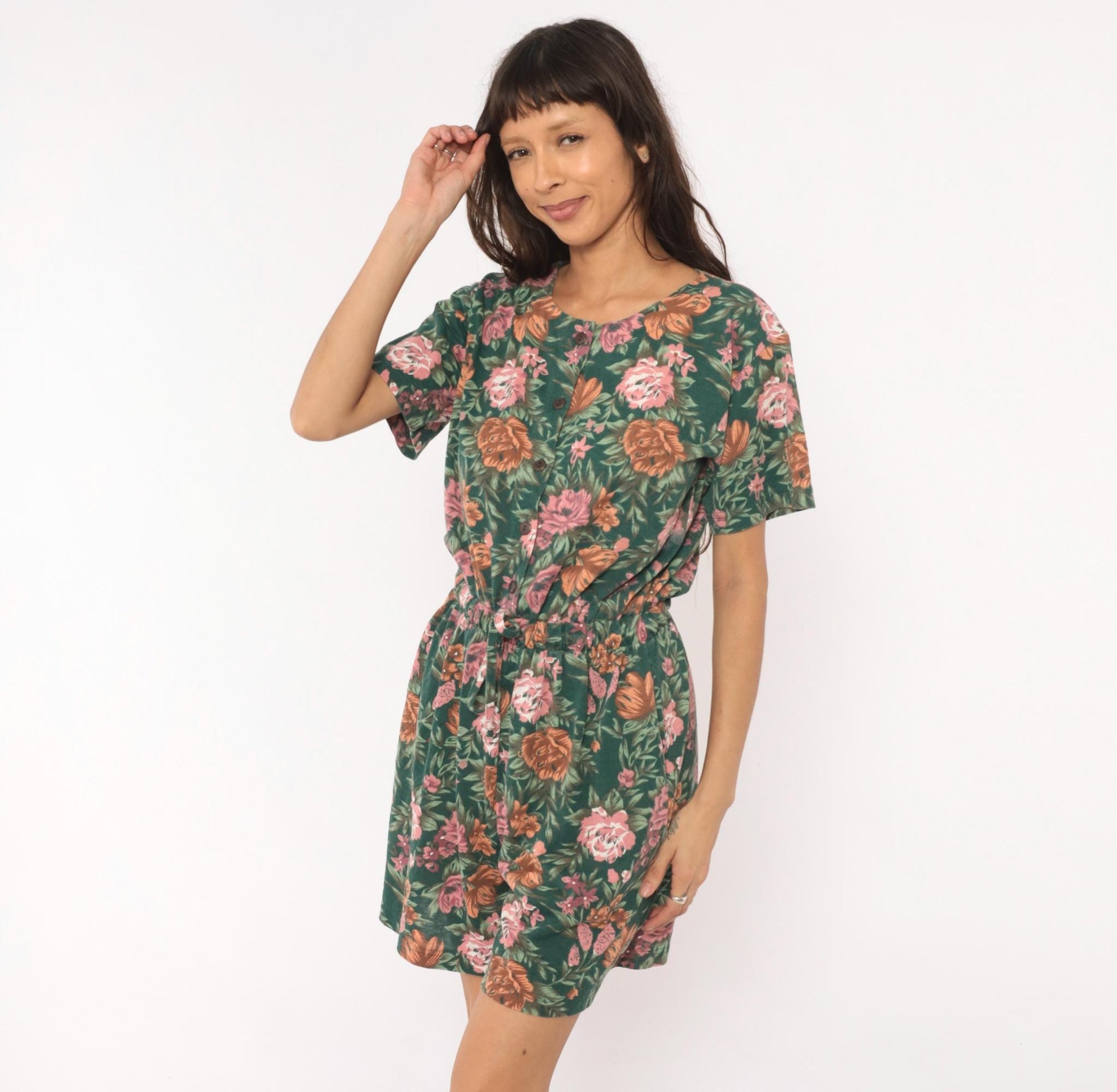 90s Shenanigans Floral Romper Green Pink Rose Drawstring Waist Medium M