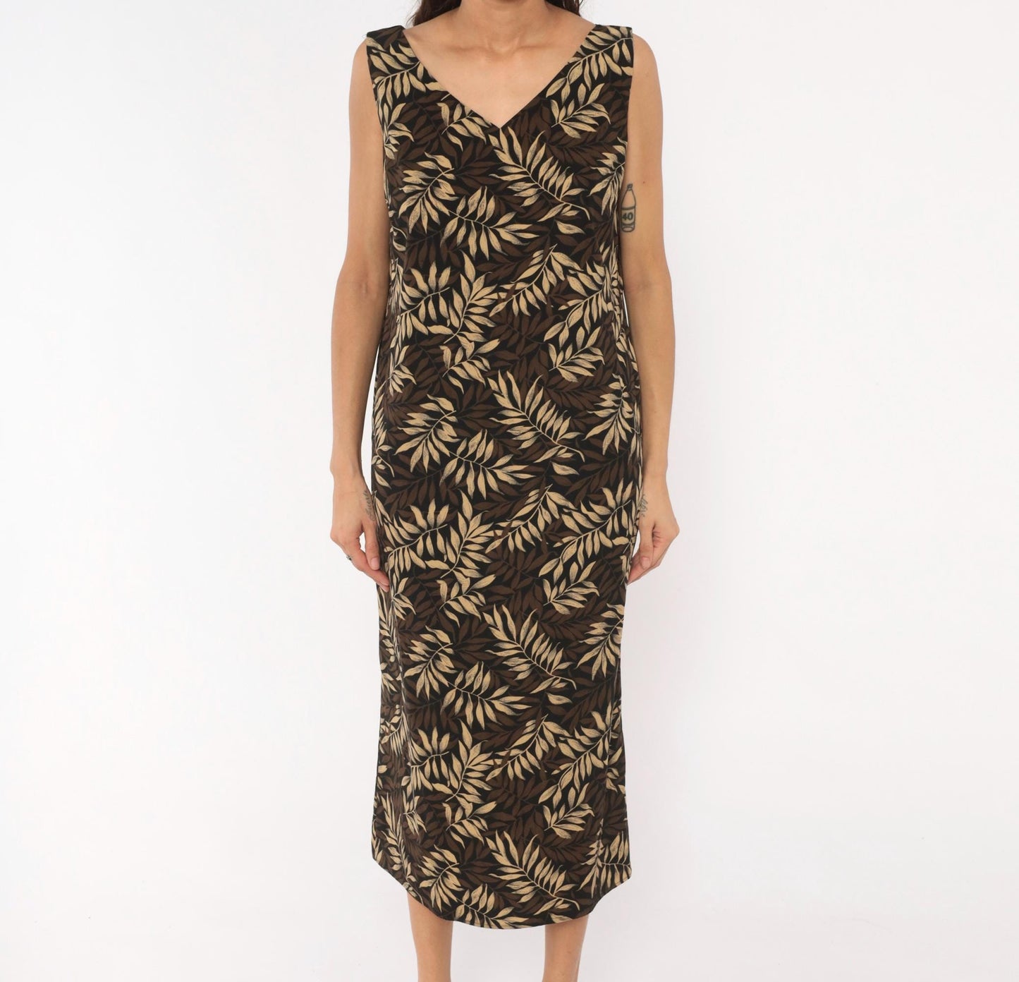 90s Studio I Tropical Leaf Print Midi Dress Sleeveless V-Neck Black Large L