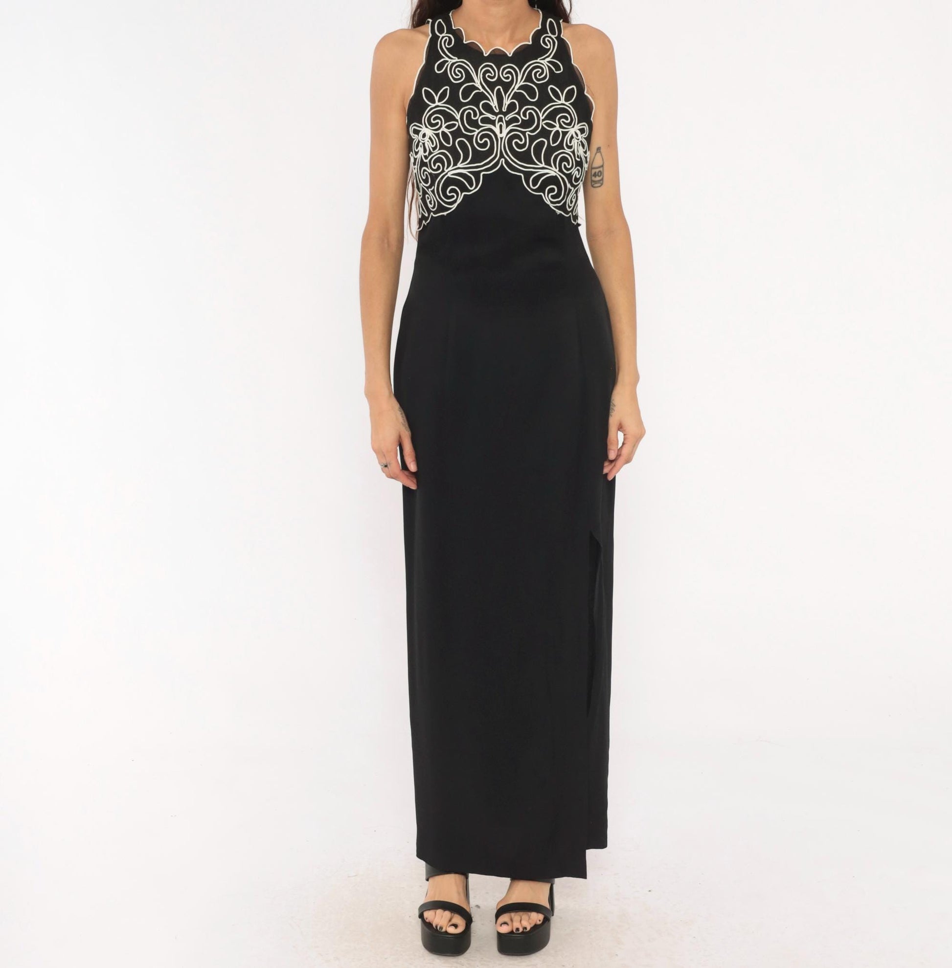 90s Scott Mcclintock Black Maxi Halter Gown White Soutache Embroidery Medium M