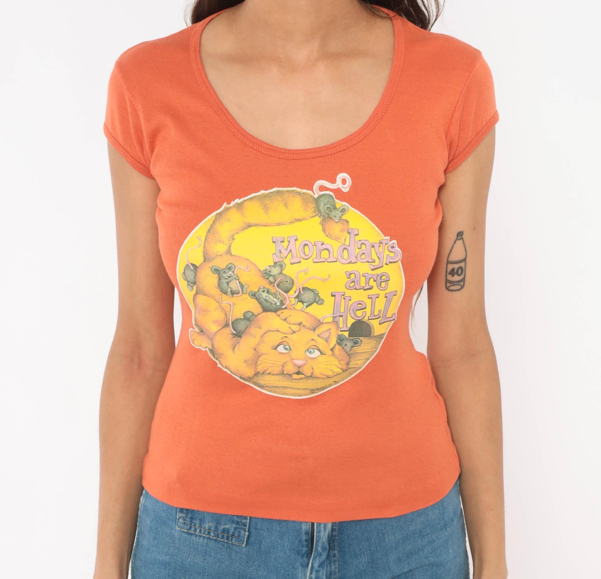 70s You Babes Cat Graphic Tee Orange Scoop Neck Cotton Small