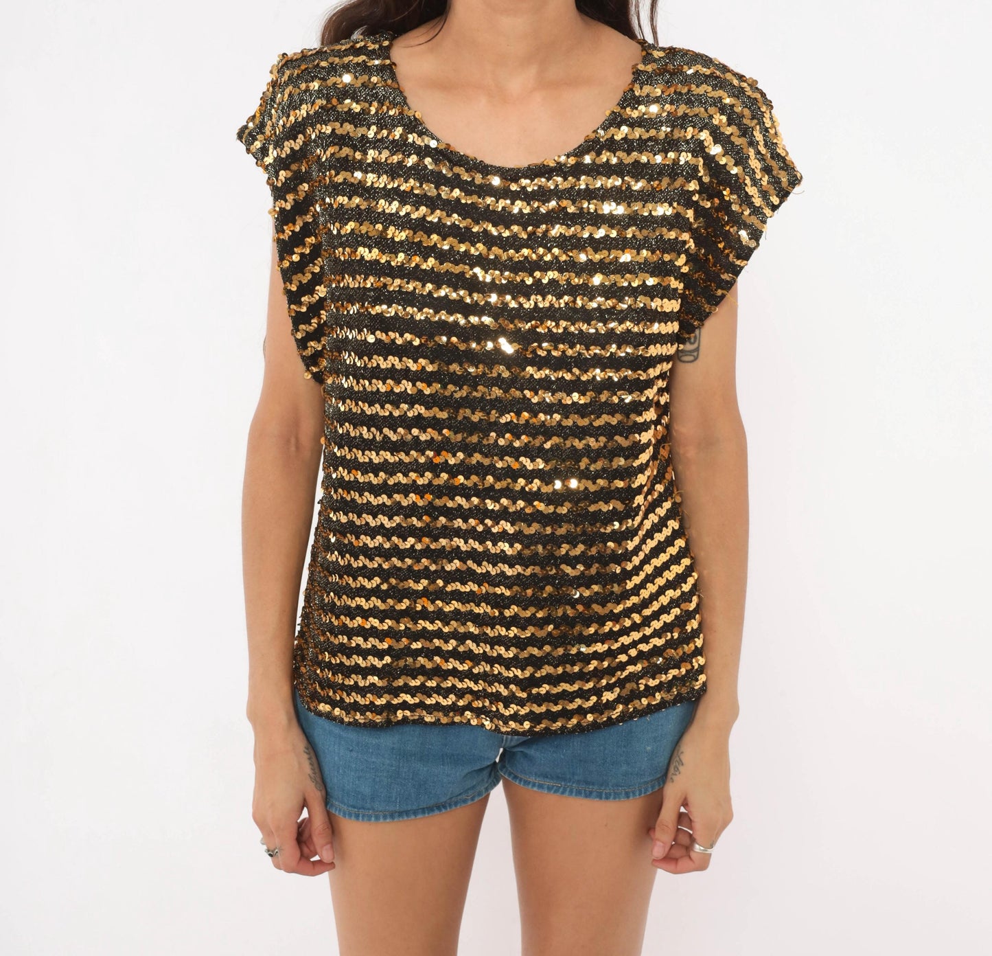 90s Jeri Marque Gold Sequin Striped Knit Top Black Cap Sleeve Medium Large