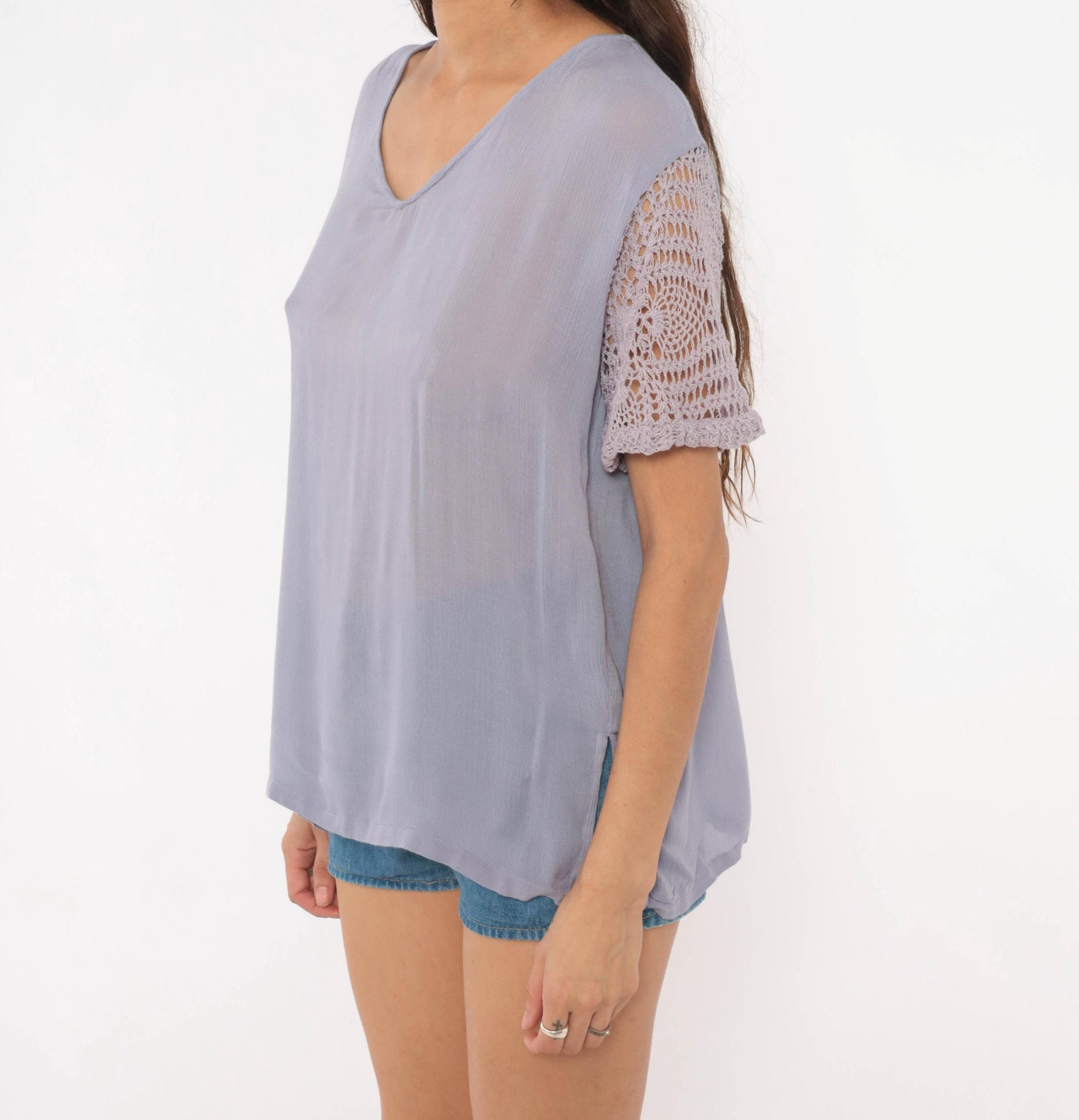 90s Marisol Lavender Crochet Sleeve Blouse Semi Sheer V-Neck Small