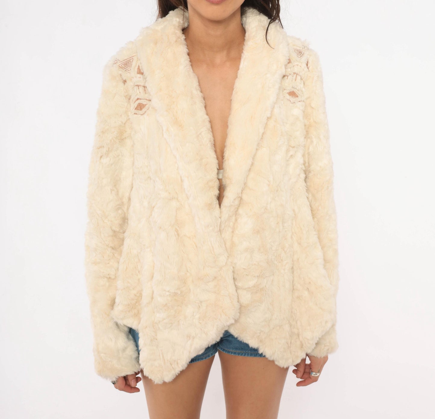 Free People 2000s Cream Faux Fur Jacket Tribal Embroidery Shawl Collar Medium M