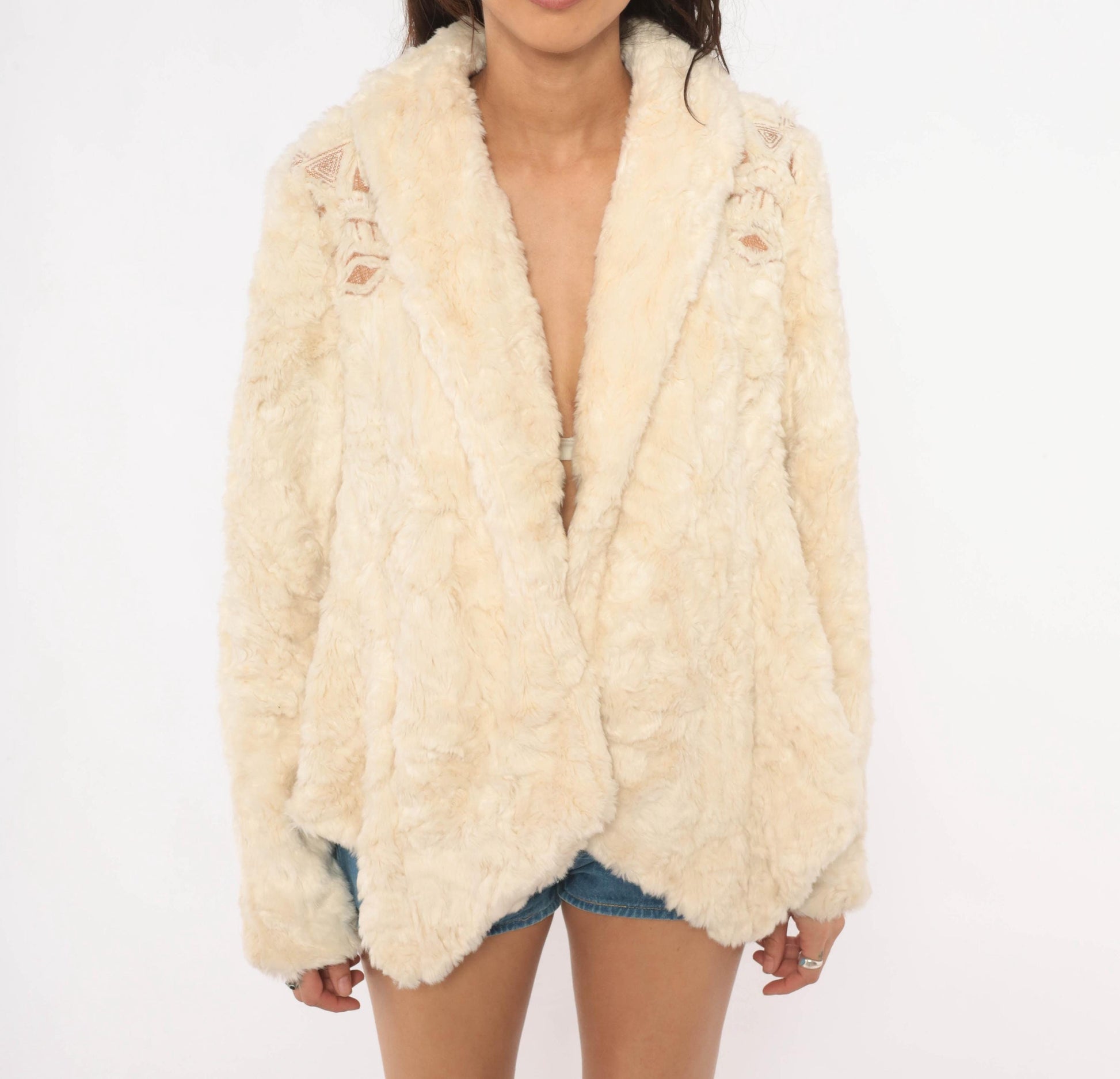 Free People 2000s Cream Faux Fur Jacket Tribal Embroidery Shawl Collar Medium M