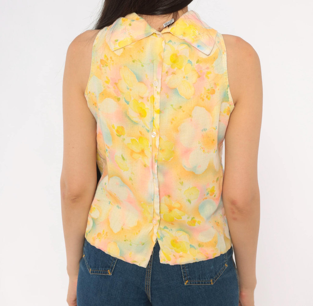 70s Watercolor Floral Sleeveless Blouse Yellow Pink Blue Cotton Mock Neck Extra Small
