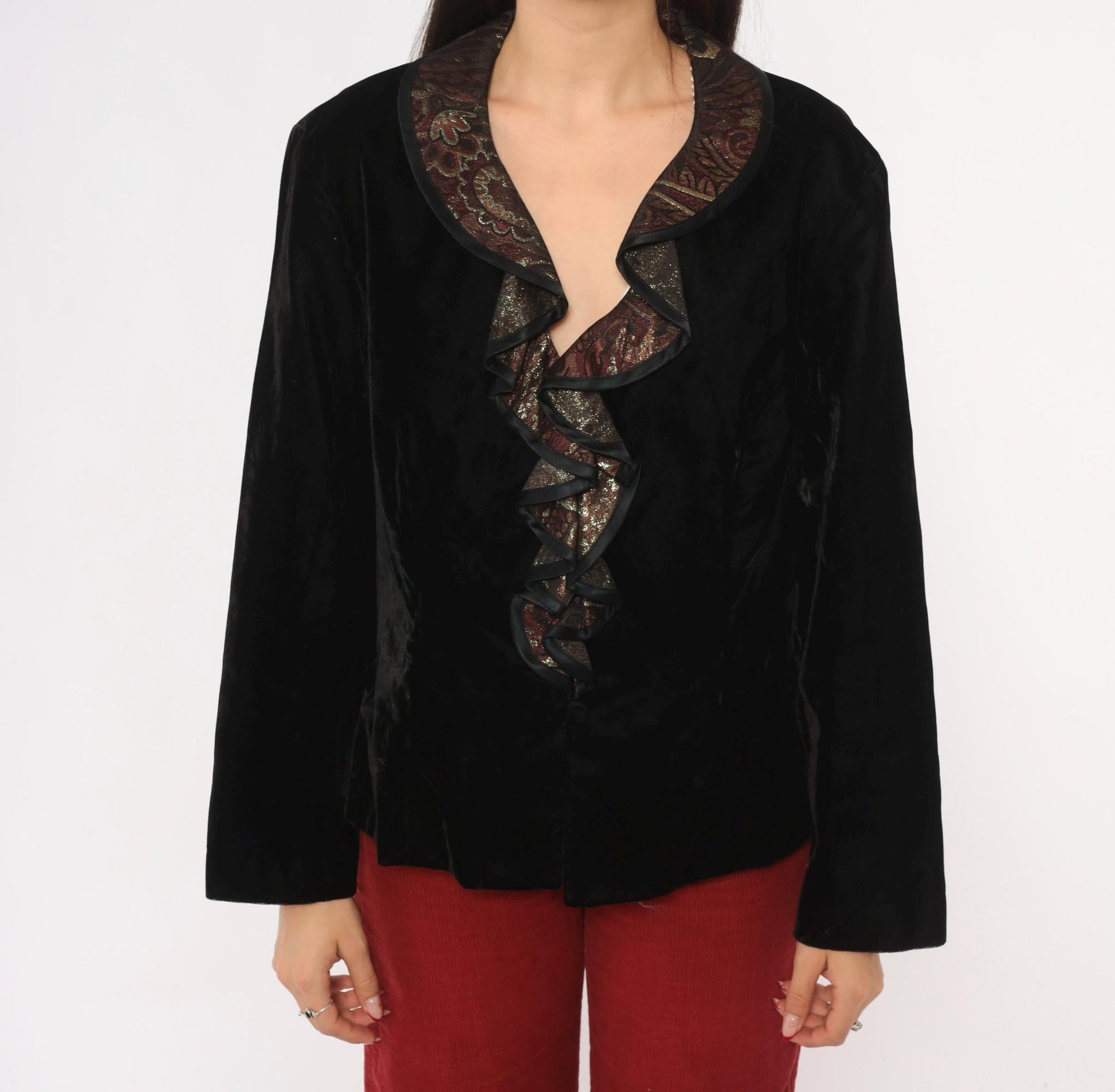 90s Patra Black Velvet Blazer Burgundy Gold Brocade Ruffle Collar Large L