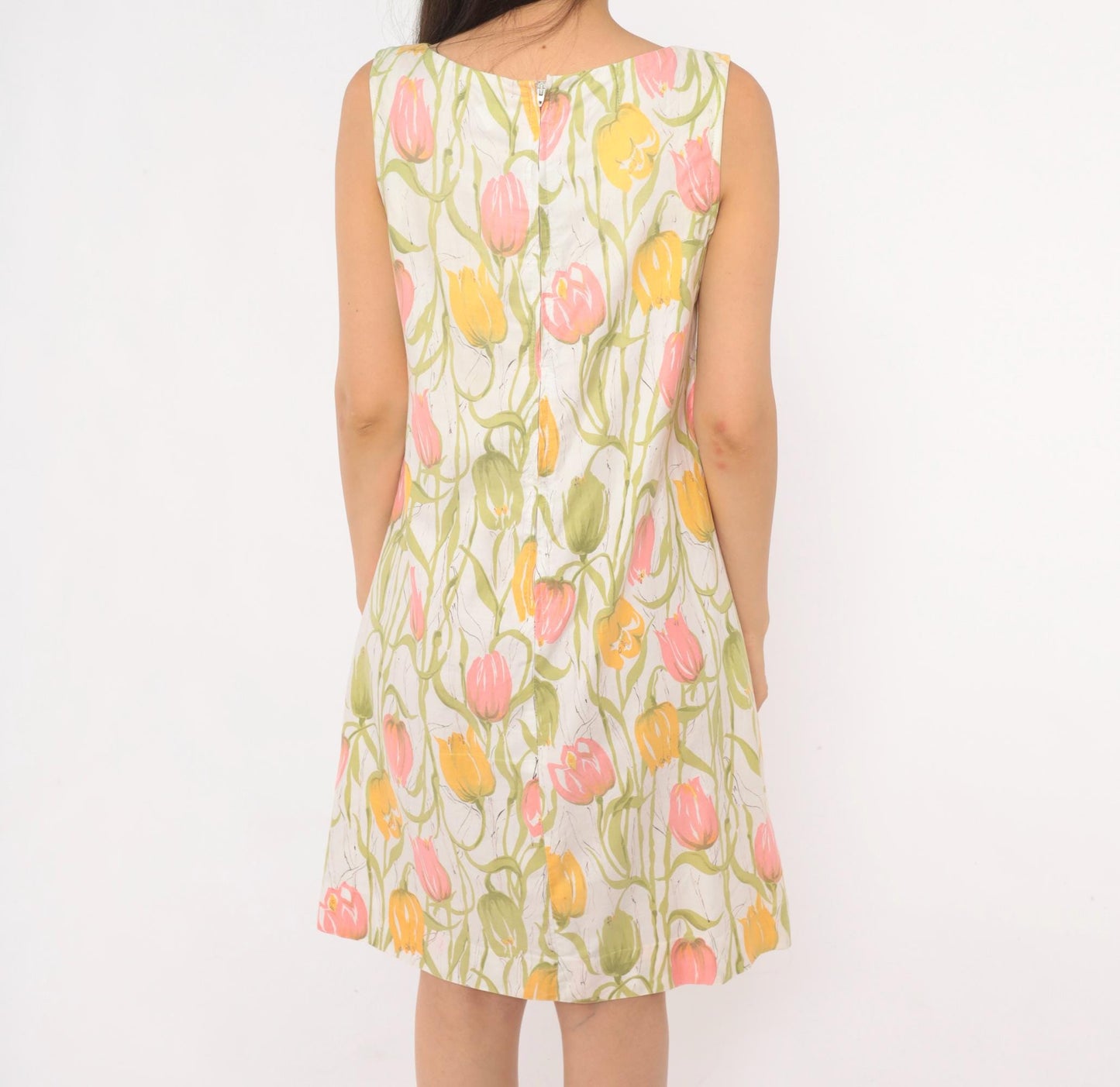 70s Tulip Print Shift Dress Sleeveless A-Line Scoop Neck Cotton Small