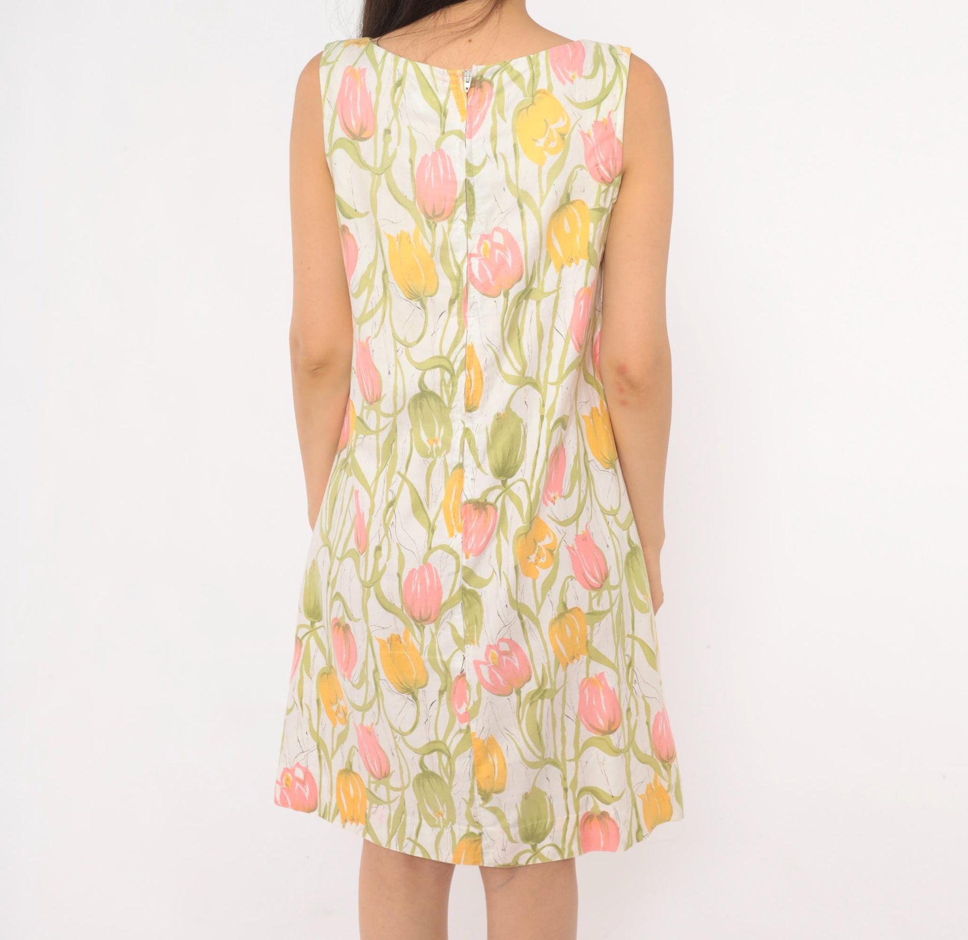 70s Tulip Print Shift Dress Sleeveless A-Line Scoop Neck Cotton Small