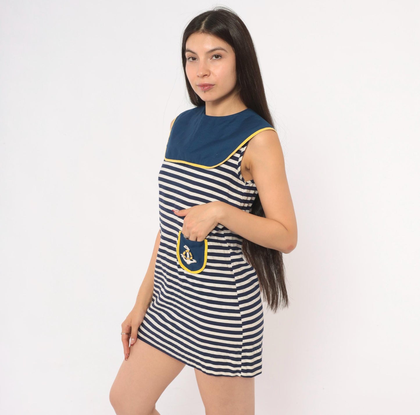 60s Nautical Mini Sailor Dress Navy White Striped Cotton Anchor Embroidered XS