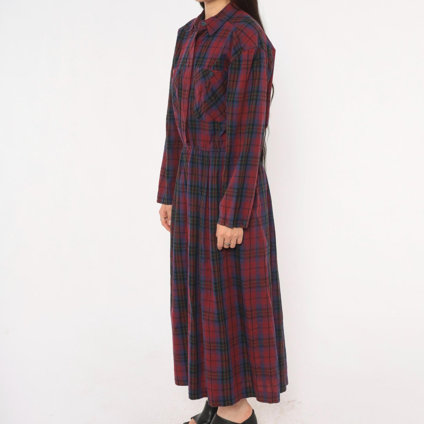 80s Dépèche Mode Plaid Maxi Dress Burgundy Navy Cotton Shirt Collar Medium