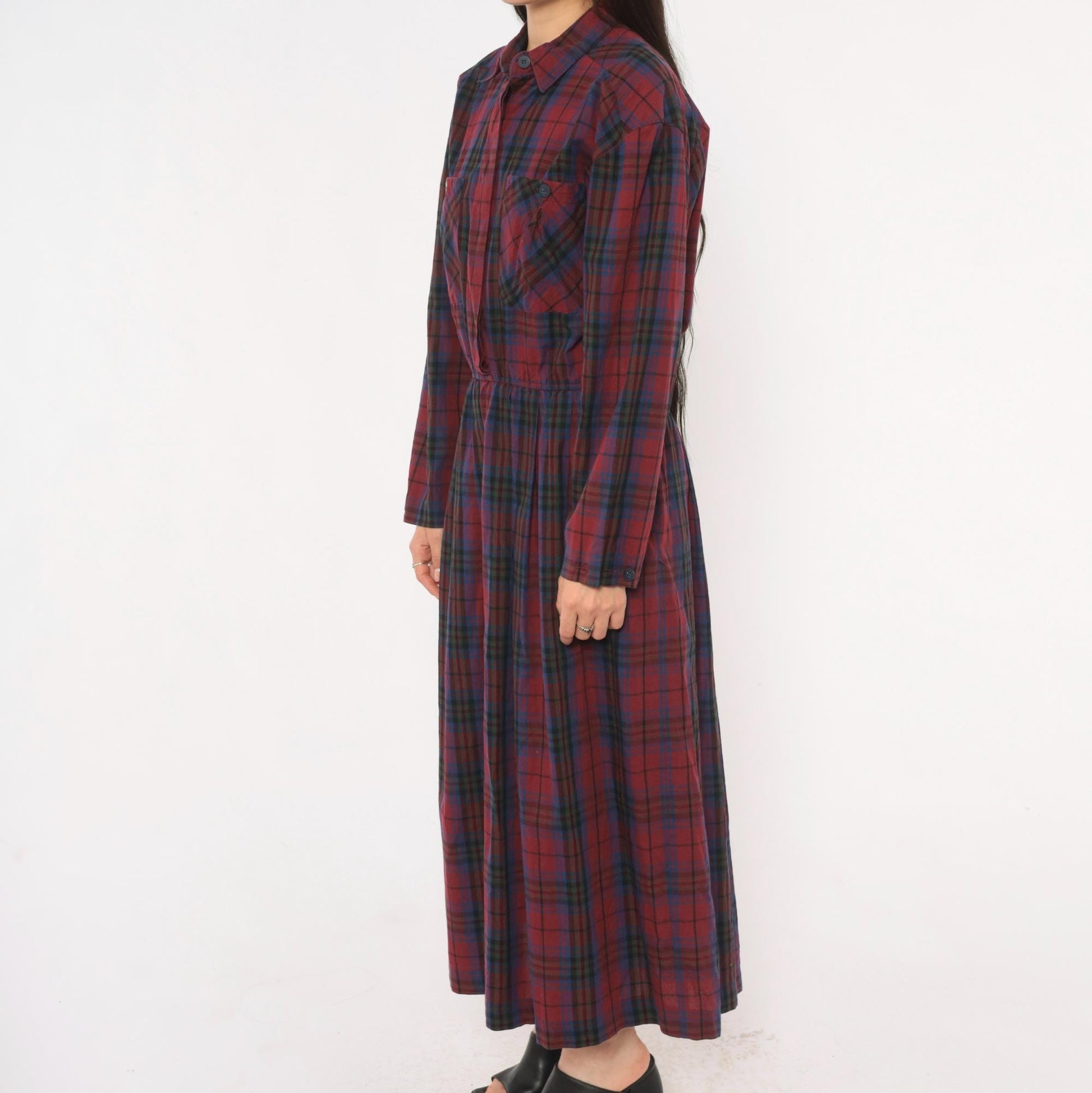 80s Dépèche Mode Plaid Maxi Dress Burgundy Navy Cotton Shirt Collar Medium