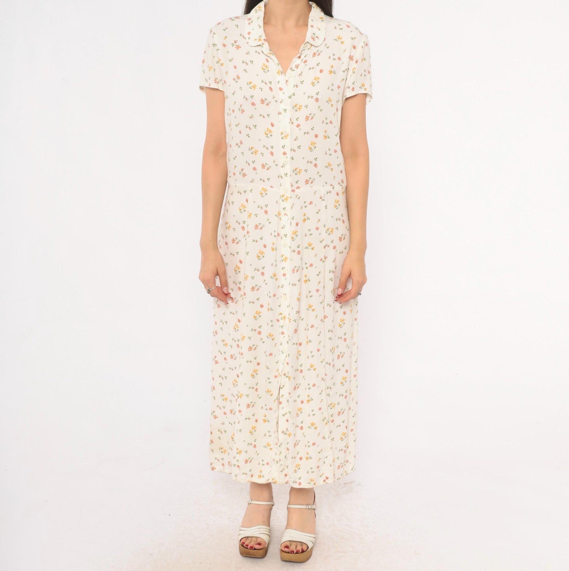 Reformation Ditsy Floral Maxi Dress Cream Pink Button Front Collared Large