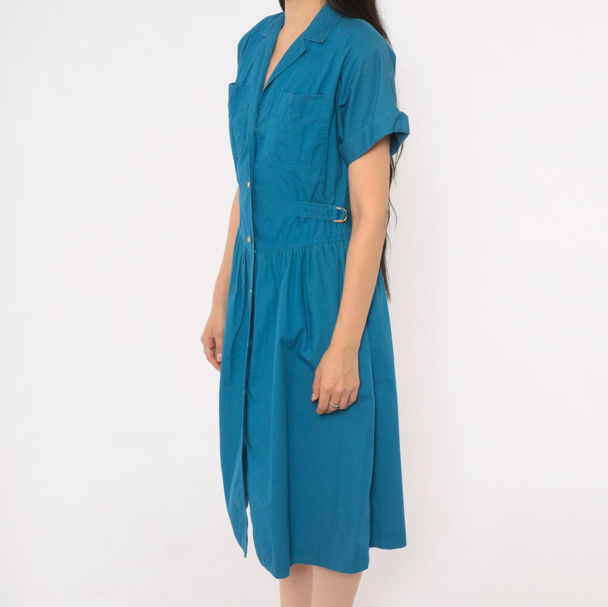 80s Sasson Teal Cotton Midi Shirtdress Gathered Waist Belt Extra Small XS
