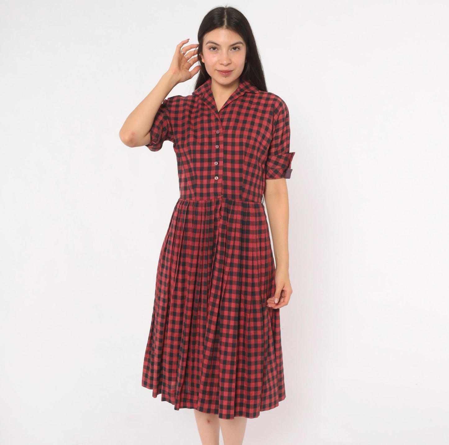 60s Meg Marlowe Buffalo Check Shirtdress Burgundy Black Plaid Cotton Small