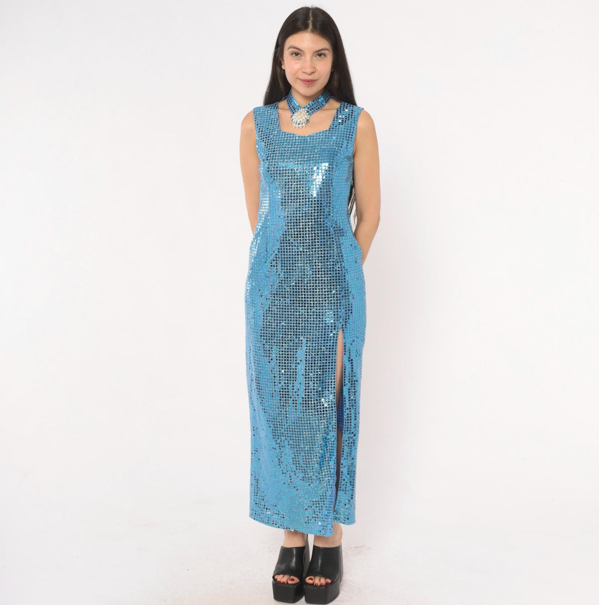 80s Ice Blue Sequin Maxi Dress Choker Neck Keyhole Sleeveless Small