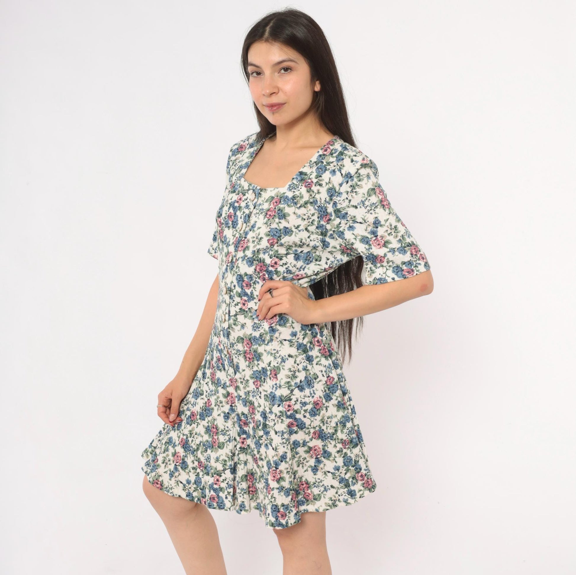 90s Floral Button Front Romper Square Neck Blue Pink Rose Ivory Medium M